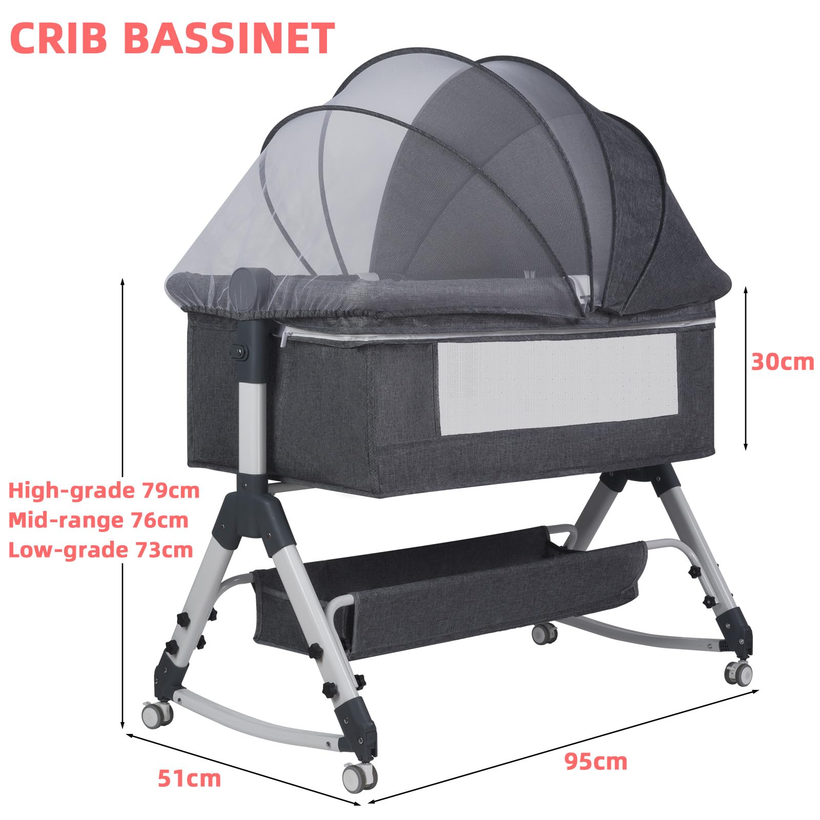 Lit Cododo Bébé Berceau Pliable et Réglable, 0-24Mois, 3 Hauteurs, Matelas Confort, Côtés en Filet, 4 Roues, Facile à Transporter (Gris foncé)