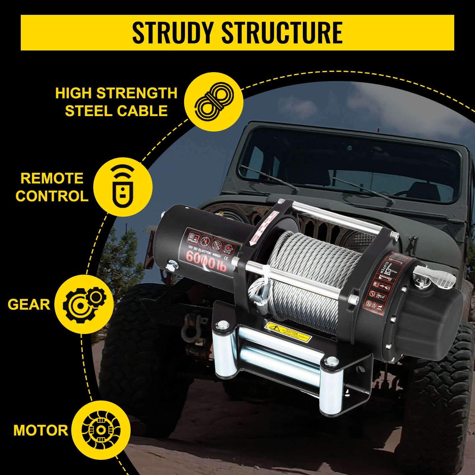 Bezprzewodowy pilot zdalnego sterowania wciągarką 6000 LBS/2721 KG Wciągarka elektryczna Mocna stalowa linka z bezprzewodowym pilotem do ATV SUV Przyczepa do łodzi Off Road do ciężarówki Jeep ATV SU