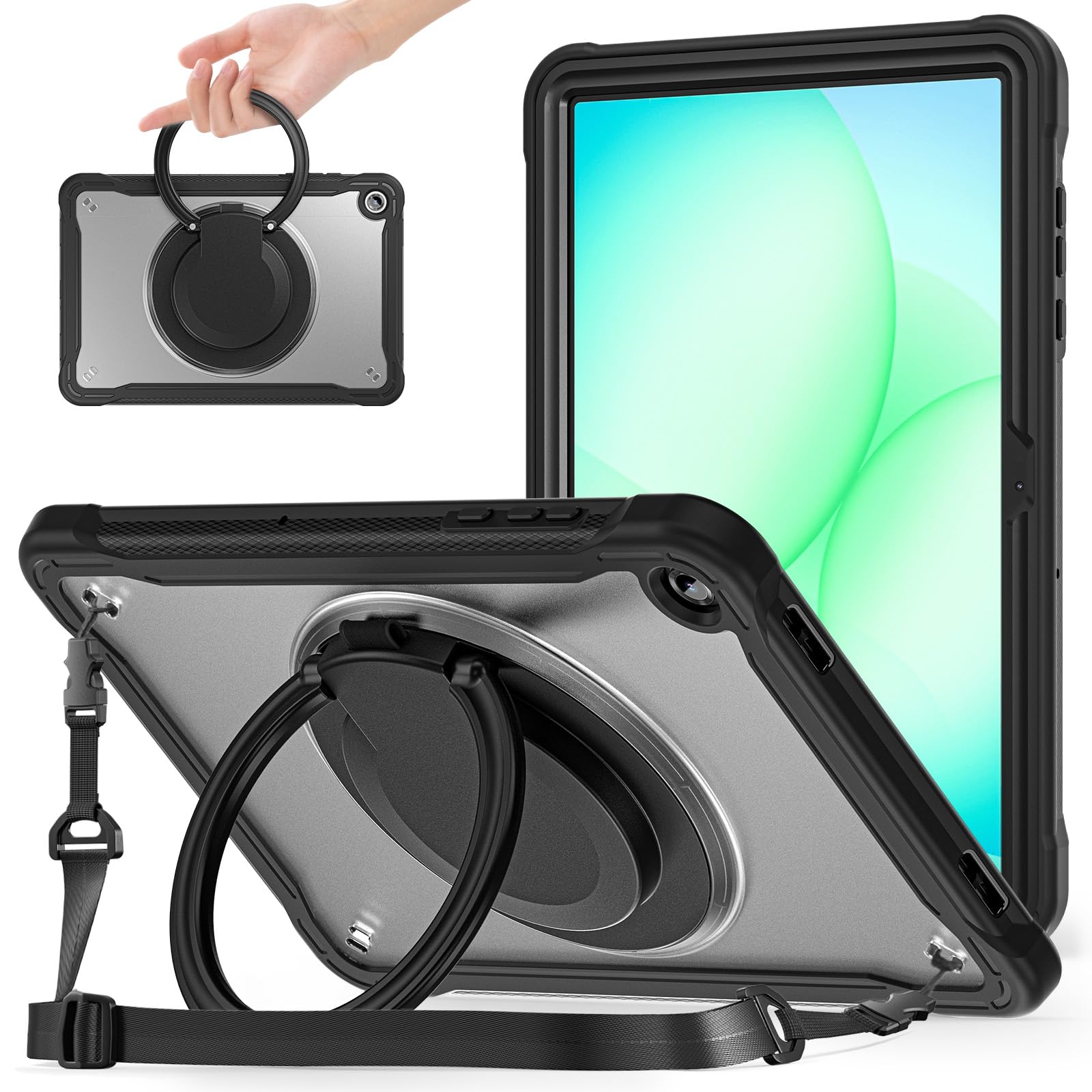 GOOVEN 2025 Galaxy Tab A11+/A11 Plus 11インチ用の ケース 肩掛けハンドル付き戸外用 360度回転式リング 横置き 縦置きスタンド機能 タブレットカバー 耐衝撃 キッズ 頑丈 ショルダーベルト，透明