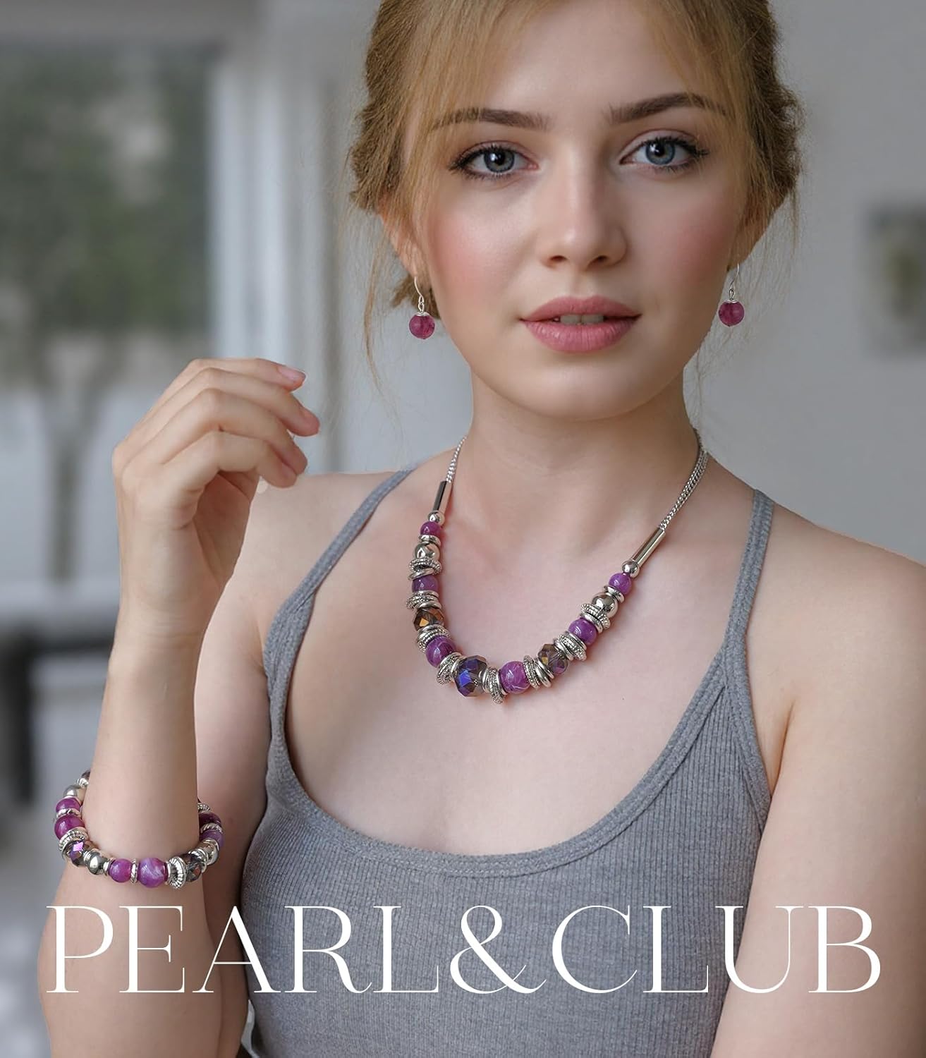 PEARL&CLUB Silver Beaded Statement Necklaces for Women Chunky Bead Necklace Bracelet and Earring Costume Jewelry Sets Gifts for Mom - Image 3