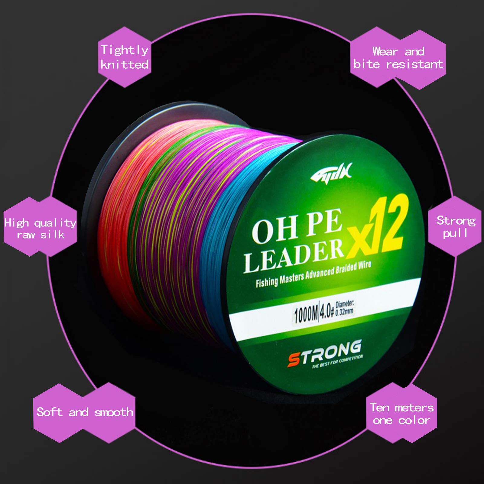 LPATTERN Żyłka wędkarska - 500 m/1000 m, 12-rzędowa PE (średnica: 0,14 mm - 0,60 mm; nośność: 12,6 kg – 81 kg)