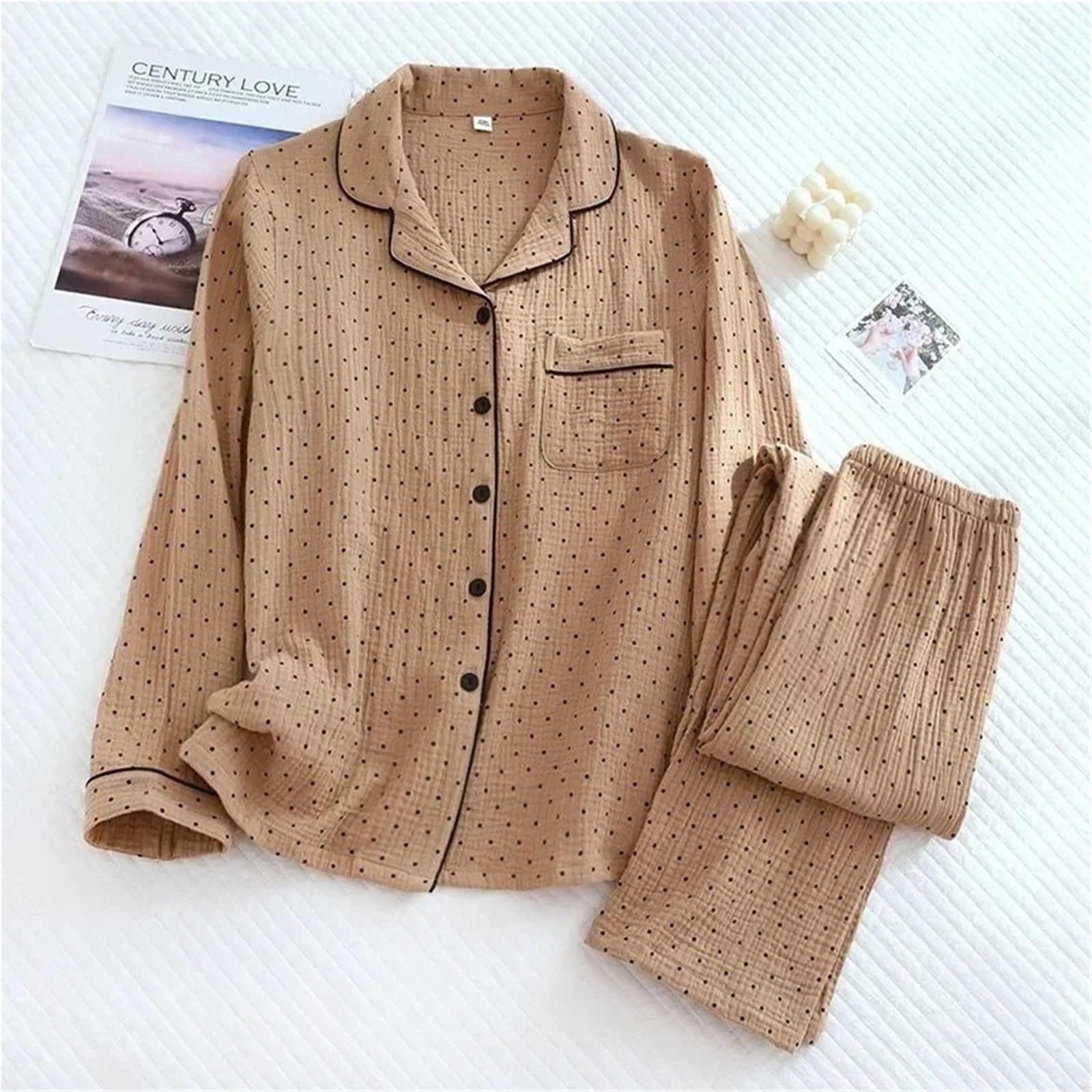 Pijamas de Gasa algodón for Mujer, Ropa Dormir con Dibujo Lunares, Conjunto 2 Piezas for Primavera, for, Verano para Descanso en casa