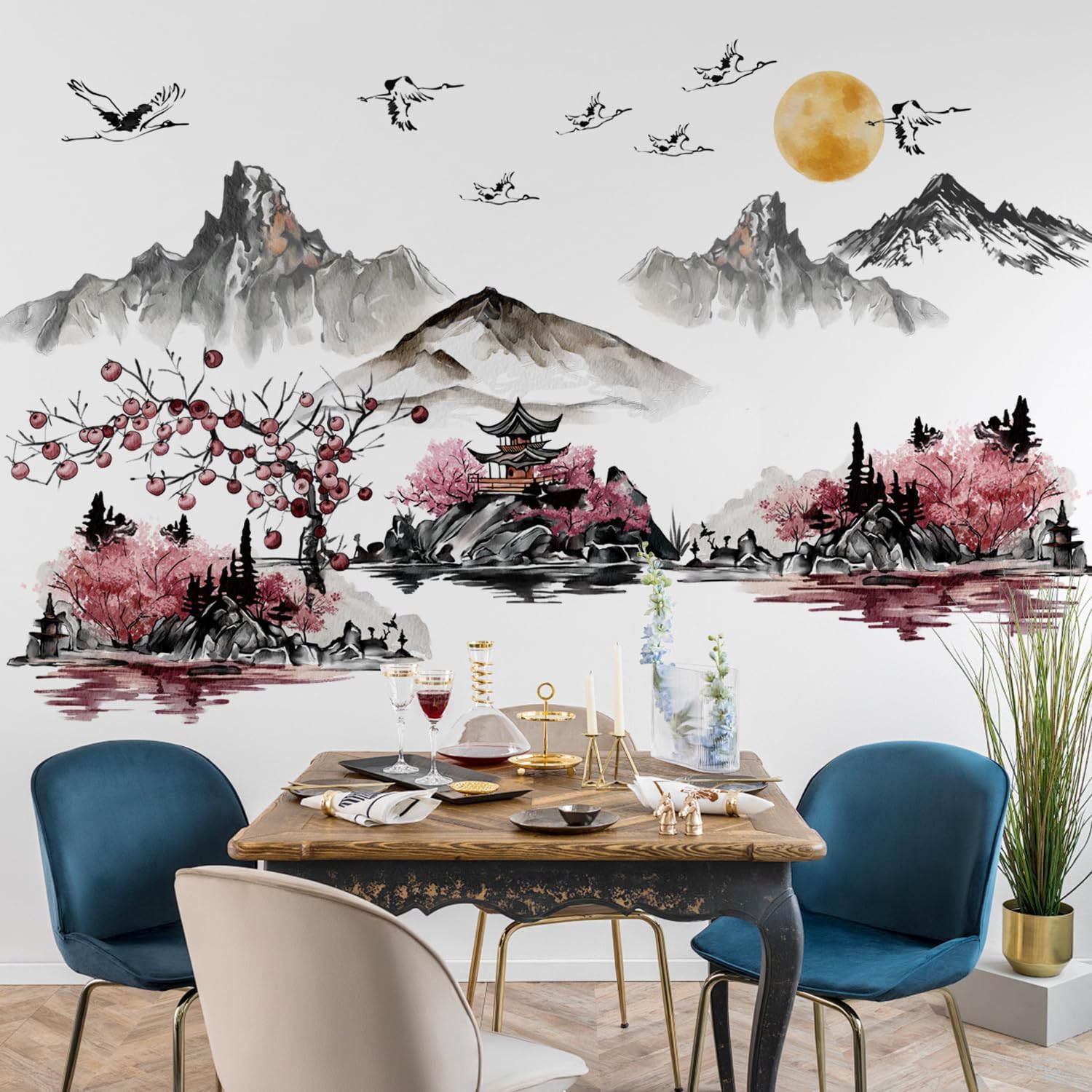 Large Chinese Style Splash Ink Landscape Painting Wall Decals Pink Cherry Blossom Wall Stickers Nature Mountain Landscapes Wall Art Removable White Crane Peel and Stick Wallpaper for Kids Room Decor