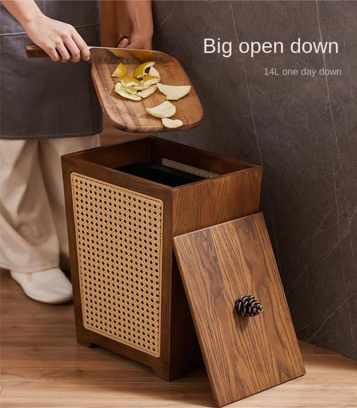 Cubo De La Basura Casa Cubo De Basura con Tapa Madera Ratán For Baño O Dormitorio, Cesta Grande For Papelera Reciclaje