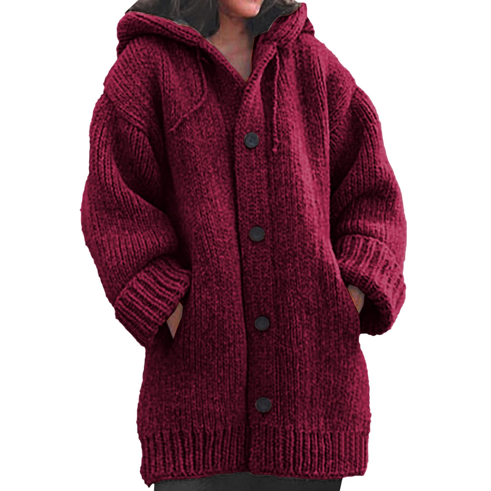 Womens Thick Cable Knit Cardigan Hoodie Sweater Long Sleeve Button Up Warm Oversized Winter Sweaters Coat Pockets