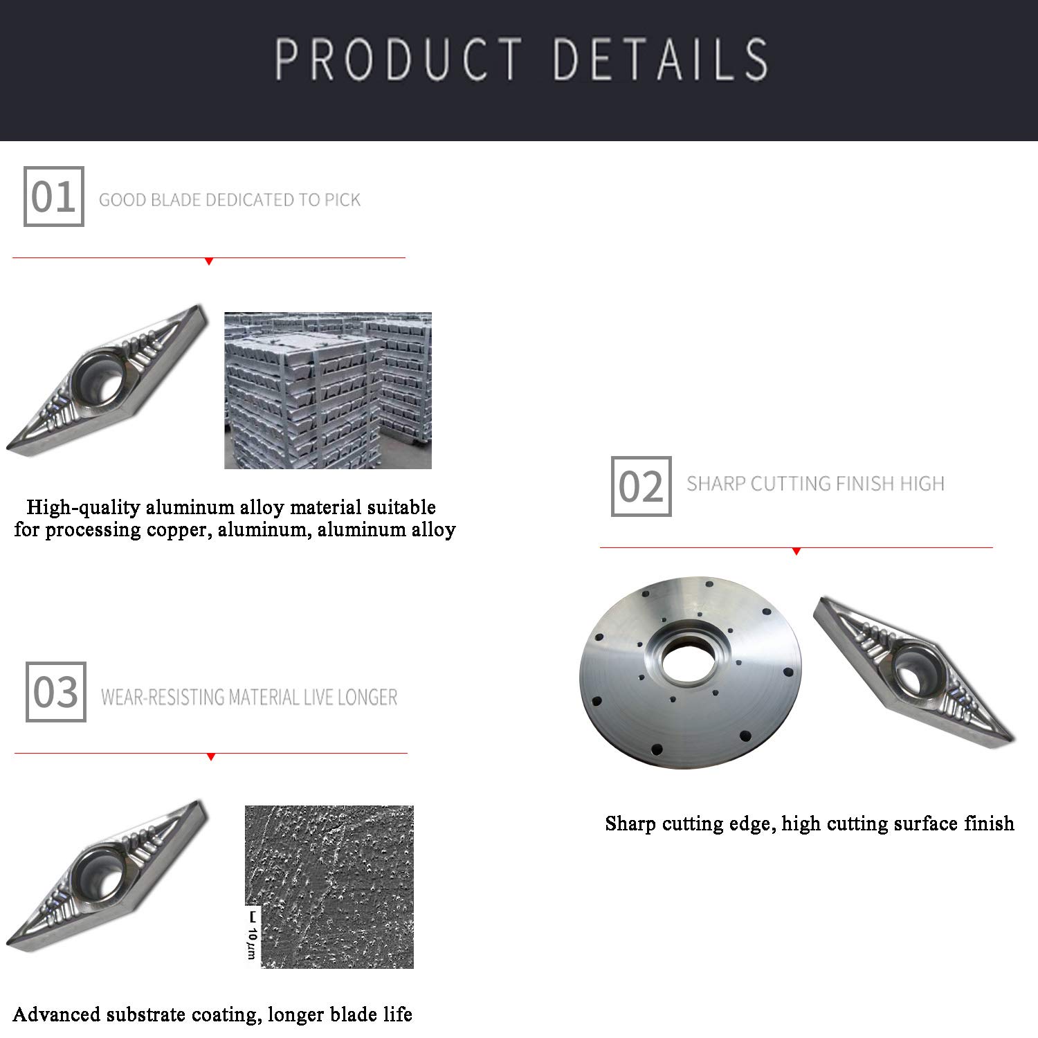 10PCS VCGT160404-AL K10 Inserti di tornitura per alluminio Adatto per la lavorazione di metalli non ferrosi come rame e alluminio