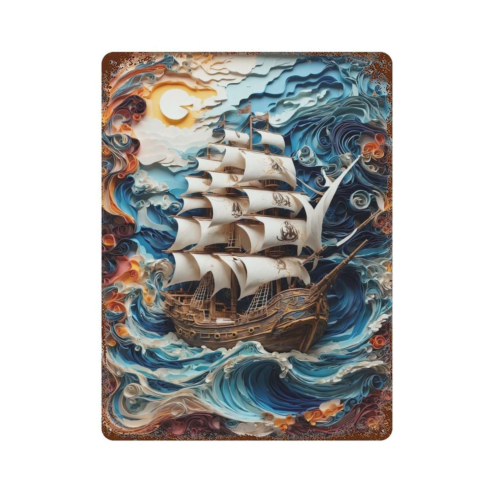Pirate Ship at Sea Decorative Tin Sign 15.7"x11.8", for Bistro, Counter And Cafe Decor, Retro Wall Decor
