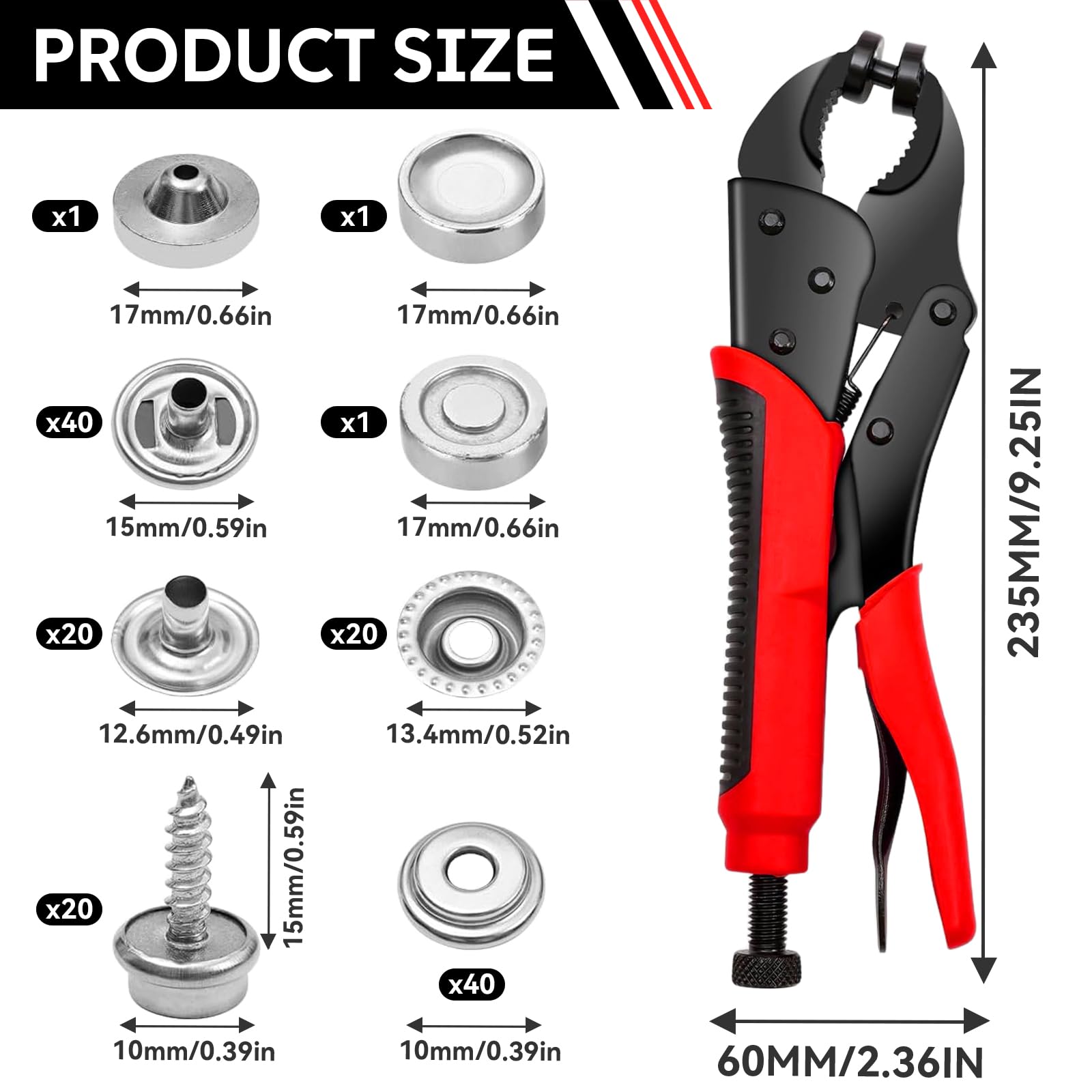 ZhouWei Pinza per Bottoni Automatici Contiene 3 Stampi e 40 Set di Bottone Automatici da 15 mm, Pinza Bottoni a Pressione Regolabile, per Riparazione di Coperture Tela Cuoio Cucito Teloni