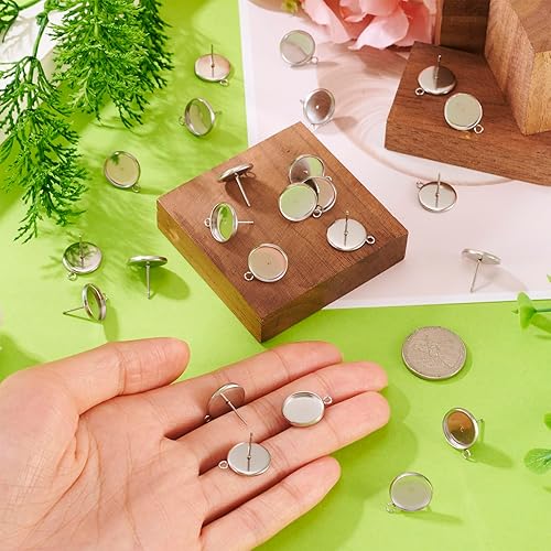 Miniatura 6 de Pandahall - 100 aretes de acero inoxidable con ajuste de cabujón de 0.472 pulgadas (0.472 in), bandeja de bisel redonda plana con lazo para hacer