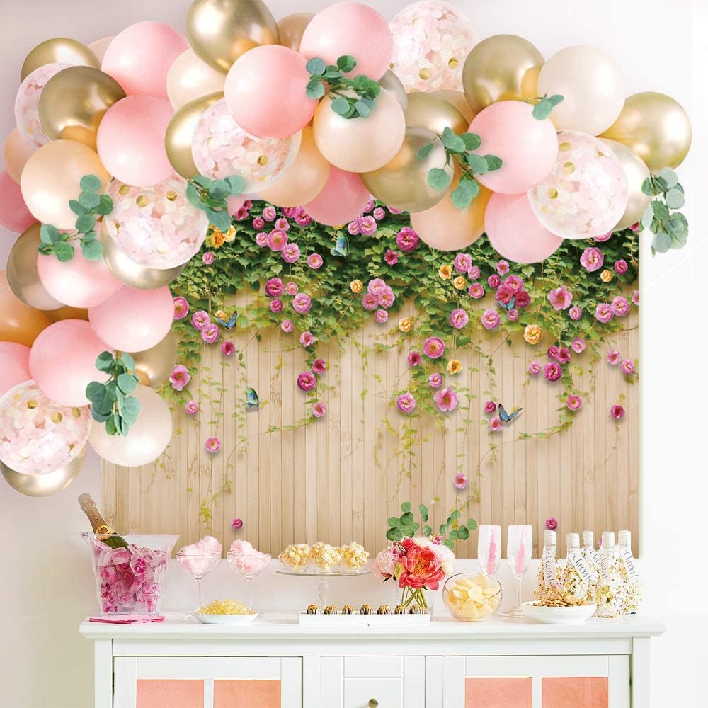 9x6ft Spring Floral Wall Backdrop - Yellow Wood Board With Pink Flowers Photography Background