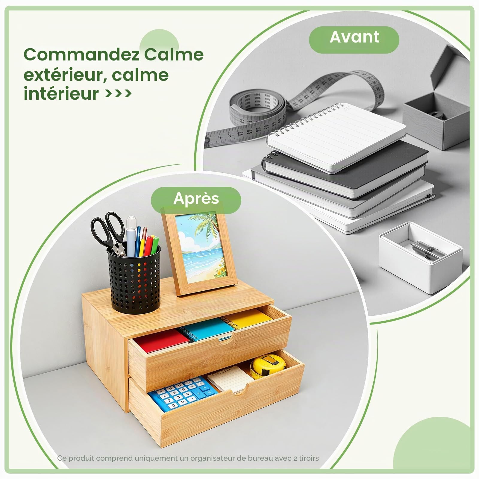 Organisateur de bureau, boîte à tiroirs en bambou, mini commode, design monobloc, boîte d'étagère boîte à maquillage avec 2 tiroirs pour bureau, salon et chambre à coucher