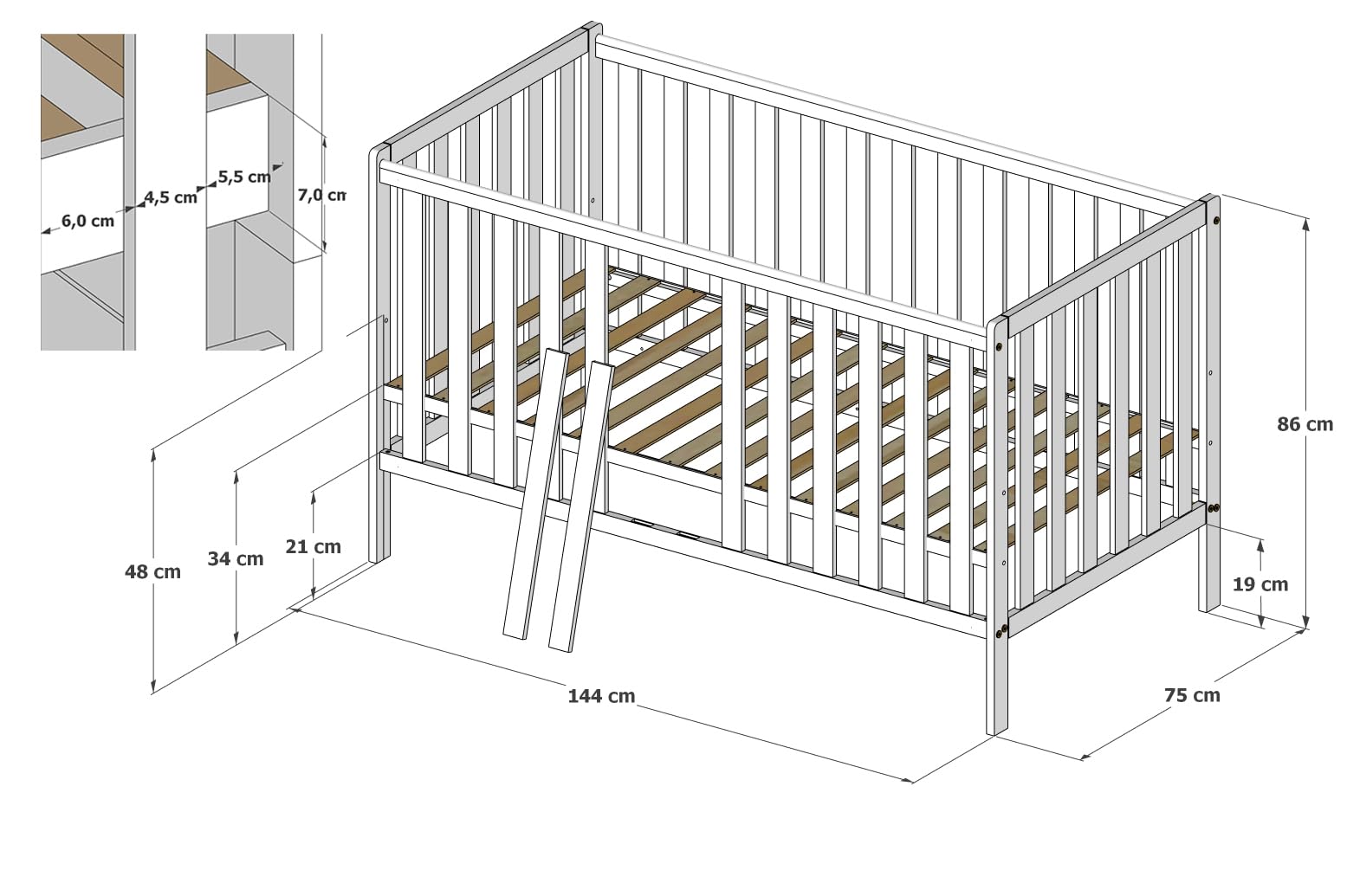 zee Cuna Bebé 140x70 cm Bambi 2 en 1 Convertible en Cama Infantil Blanco con 2 Cajones Protección Mordida Ajustable 3 Alturas Cuna Madera