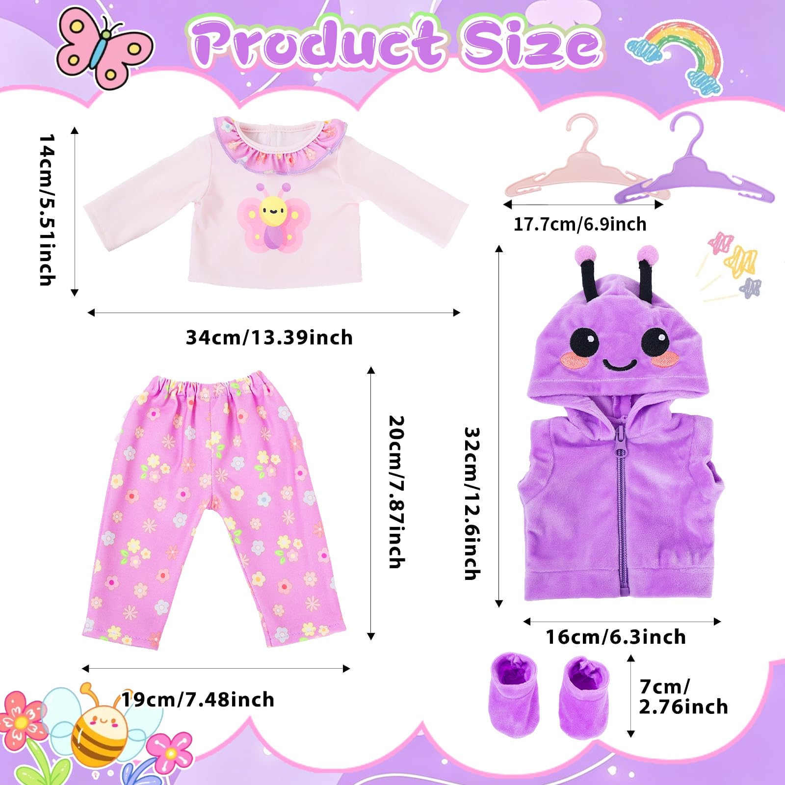 Ubranie dla lalek 35-43 cm, 6 sztuk słodkich motyli z kurtką z kapturem, falbankami, spodniami, skarpetami, wieszakami, prezent dla dziewczynek