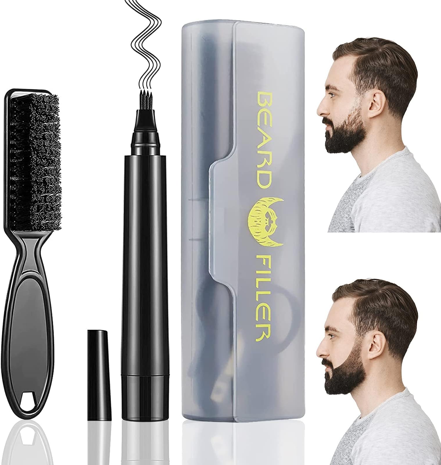 Beard Pencil Filler - Water Proof, Long Lasting Coverage & Natural Finish - Beard, Moustache & Eyebrows - Micro-Fork Tip for Seamless Application - Includes Bristle Brush for Blending (Black)