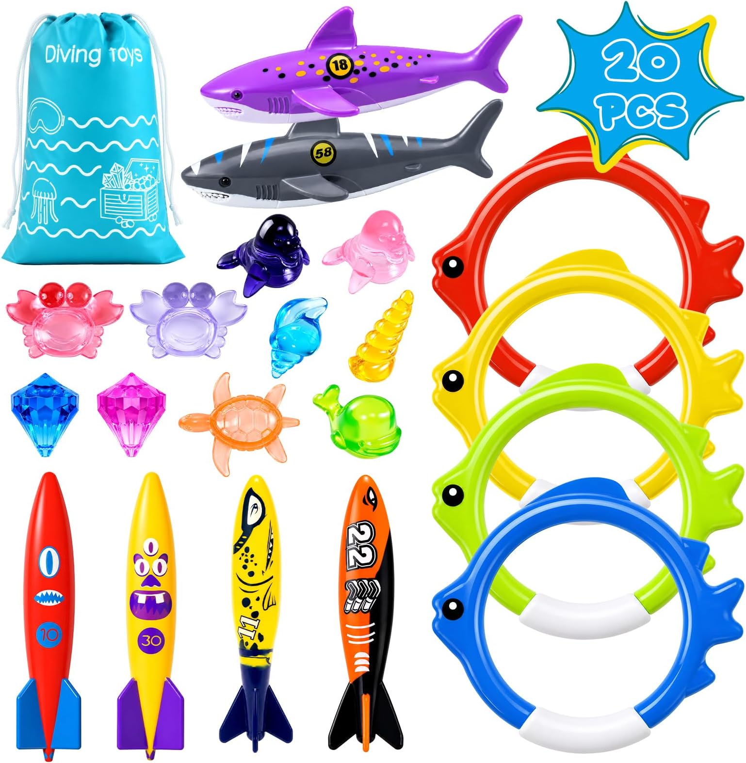 20Pcs Summer Pool Diving Swimming Toys for Kids Ages 3-12, Fun Swim Games Sinking Set, Underwater Dive Gifts with Storage Bag Include Torpedo Gems Shark Rings Sea Animals for Boys Girls Toddlers