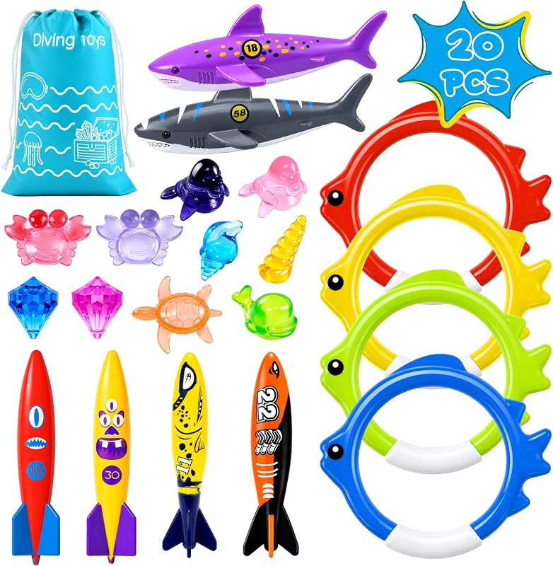 20Pcs Summer Pool Diving Swimming Toys for Kids Ages 3-12, Fun Swim Games Sinking Set, Underwater Dive Gifts with Storage Bag Include Torpedo Gems Shark Rings Sea Animals for Boys Girls