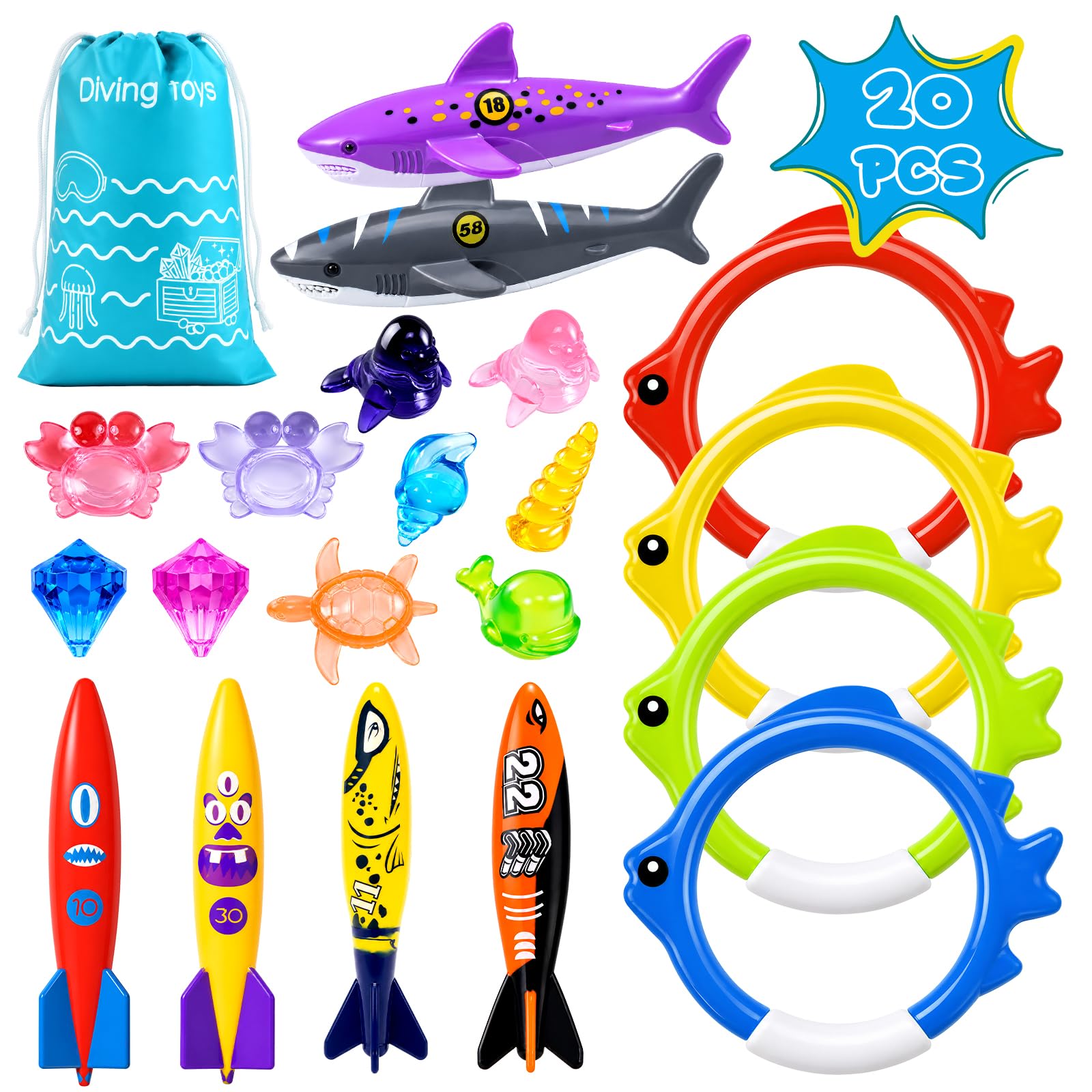 Photo 1 of Woplagyreat 20Pcs Summer Pool Diving Swimming Toys for Kids Ages 3-12, Fun Swim Games Sinking Set, Underwater Dive Gifts with Storage Bag Include Torpedo Gems Shark Rings Sea Animals for Boys Girls