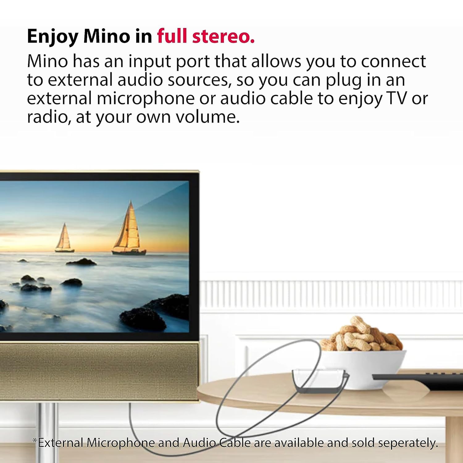 Мино amplifier connected to a television via an audio cable, with headphones plugged into the ampөмүрлүү.