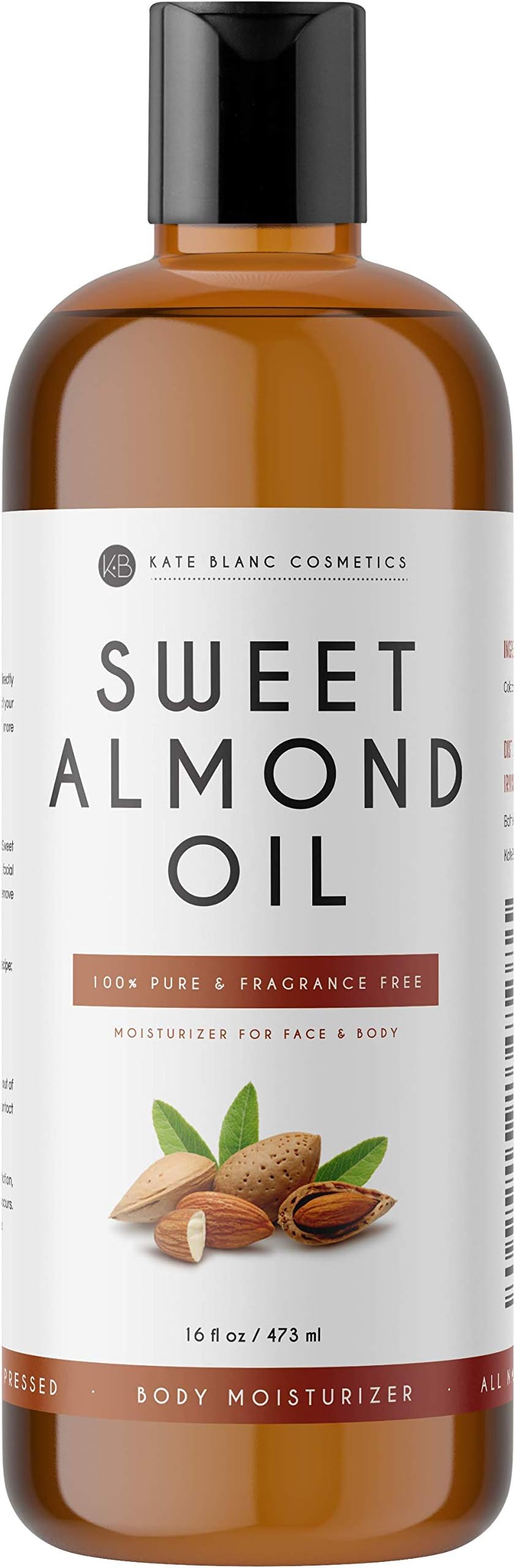Sweet Almond Oil 16oz by Kate Blanc. 100% Pure, Cold Pressed, Hexane Free. Ideal for Face, Skin, Hair. Great as Massage Oil, Aromatherapy, and Carrier Oil. Smoother Skin, Softer Hair. 1-Year Guarantee