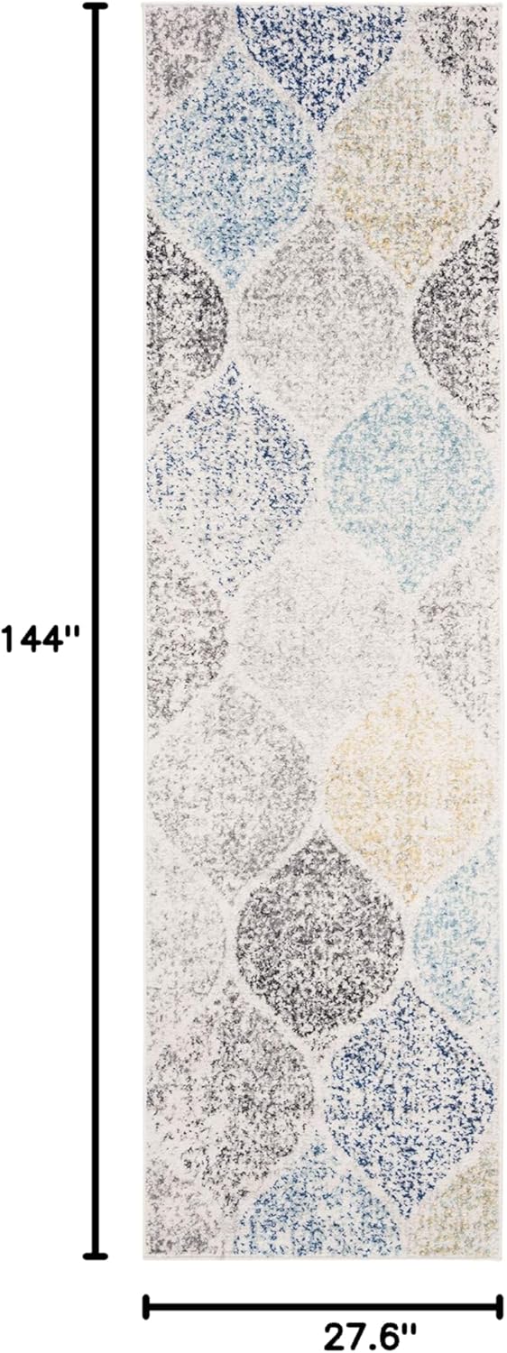 SAFAVIEH Madison Collection Runner Rug - 2'3" x 12', Ivory & Blue, Glam Ogee Trellis Distressed Design, Non-Shedding & Easy Care, Ideal for High Traffic Areas in Living Room, Bedroom (MAD604D)