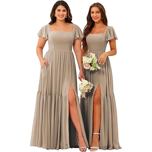 SEIM Plus Size Flutter Sleeves Bridesmaid Dresses Long for Women A Line Square Neck Floor Length Pleated Chiffon Formal Maxi Dress with Pockets Taupe 18W