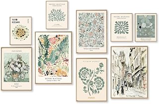Sage Green Wall Art Prints Eclectic Decor, ASTRDECOR 9 PCS Sage Green Wall Decor Aesthetic, Green Matisse Wall Art Exhibition Poster Set, Green Eclectic Home Decor for Teen Girl's Dorm, Bedroom, Living Room, Gallery, Bathroom, Hallway- Unframed