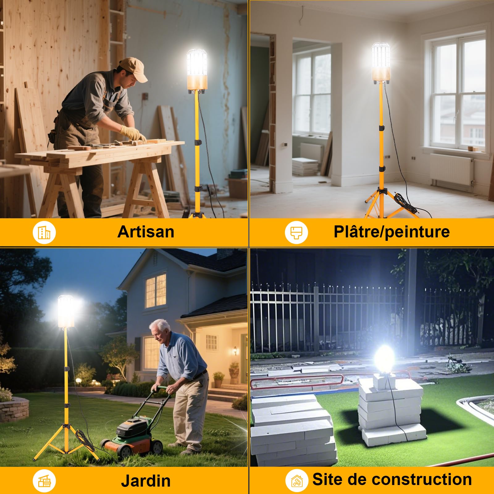 100w Projecteur de Chantier sur Trépied,12000 lumens, Lumière à 360 degrés.Utile pour l'entrepreneur et la famille. Également utilisé pour un événement extérieur/Party