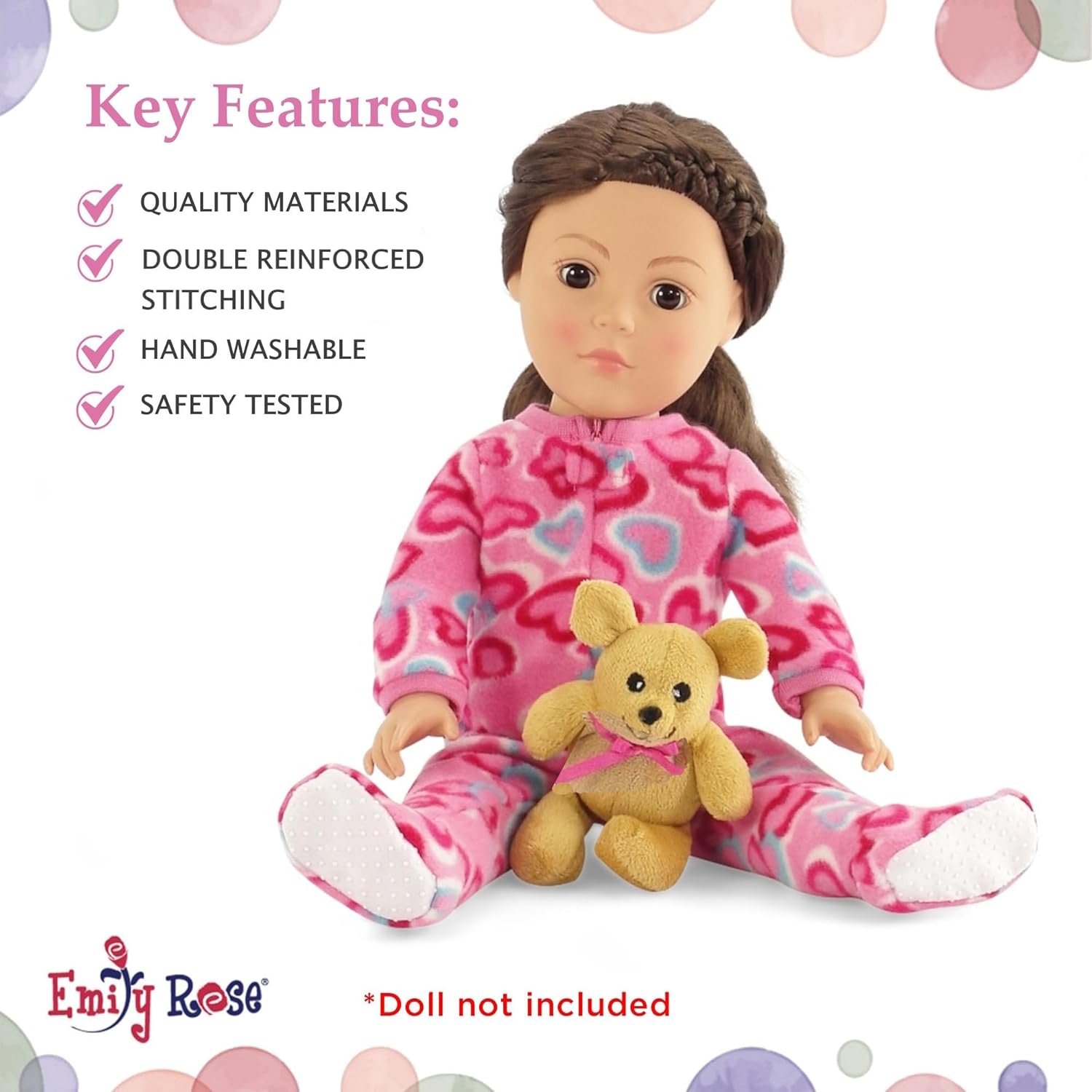 18 Inch Doll Pajamas Set Pink Heart Onesie PJ Outfit – Emily Rose Doll Sleeping Outfit with Teddy Bear Companion – Doll NOT Included – Fits American Girl Our Generation