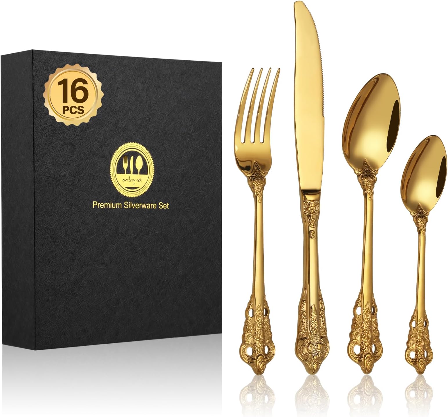 BEWOS 16 Piece Gold Palace Cutlery Set, Premium Stainless Steel Cutlery, Embossed Design Handles, Family and Banquet Knife and Fork Sets, Stunning Polished & Gift Wrapped, Dishwasher Safe