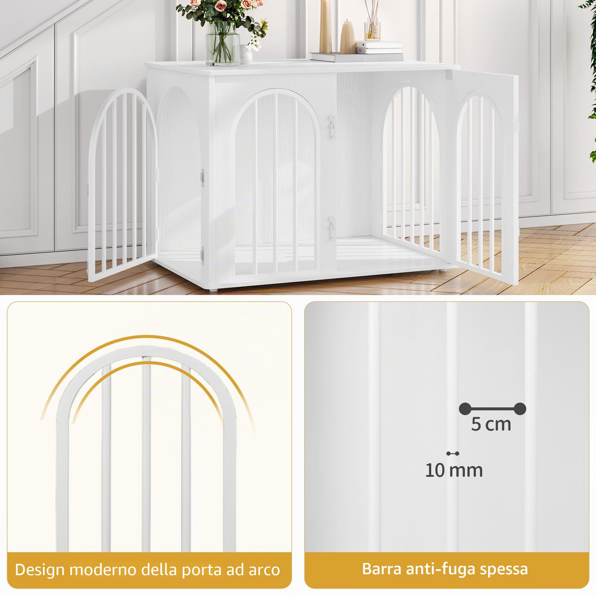Hzuaneri 80 cm Gabbia per Cani, Tavolo Supplemento, Cuccia Moderna per Cani Interno, Gabbia per Cuccioli, Casetta per Animali, 3 Porte, Porta ad Arco, 56 x 80 x 61 cm, Bianco DFC85113W