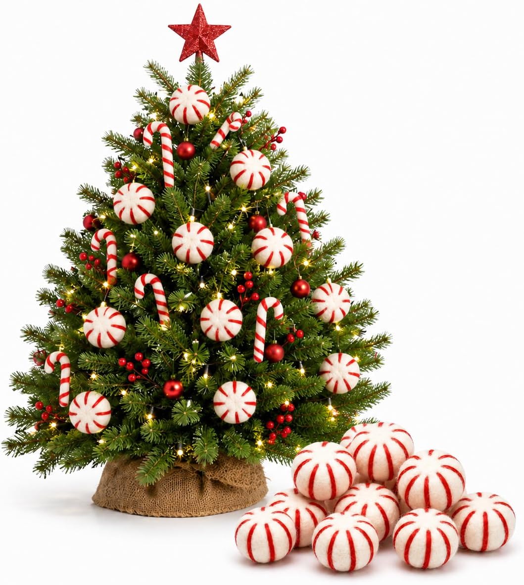 RAINFLOW 15PCS Red White Peppermint Felt Balls Christmas Decor Vase Filler