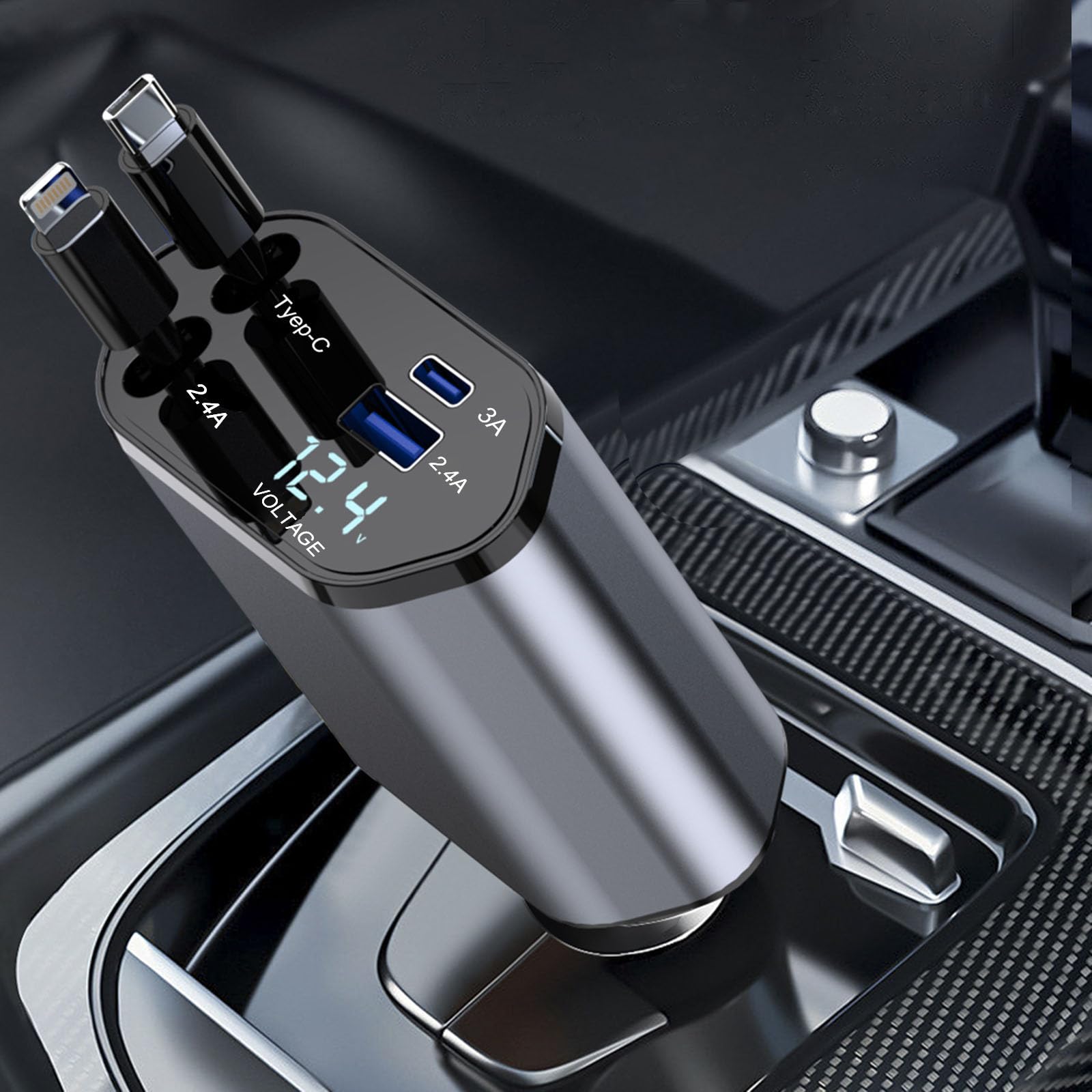 Retractable Car Charger, 100W Fast Charging 4 in 1 Phone Charger Adapter, Retractable Cables (2 Feet) for iPhone and Type C, Cigarette Lighter Adapter-image-21