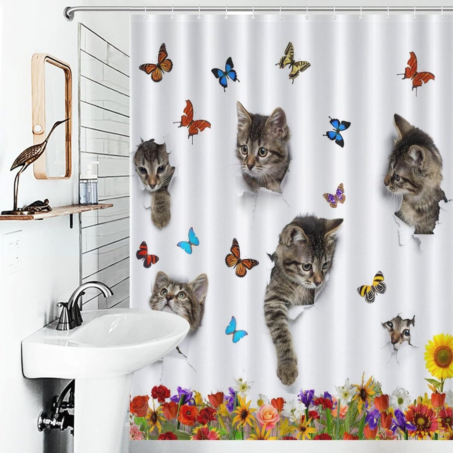 Funny Cat Shower Curtain, Spring Garden Sunflower Cute Hiding Cat Catch Butterflies Animal Shower Curtain Sets for Bathroom Fabric Bath Curtain 12 Hook 55x72Inch（140x183cm）