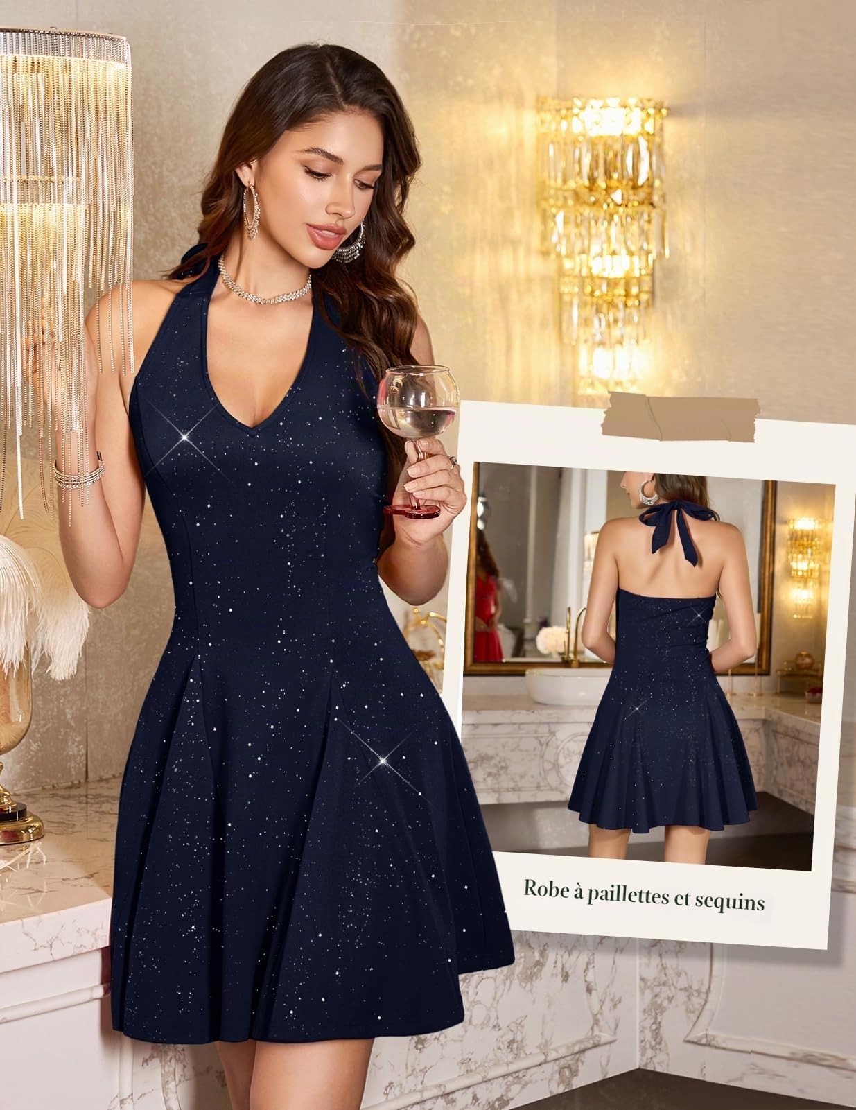 HomRain Robe de cocktail à paillettes avec col en V pour femme 2025 - Dos nu - Robe de soirée à paillettes