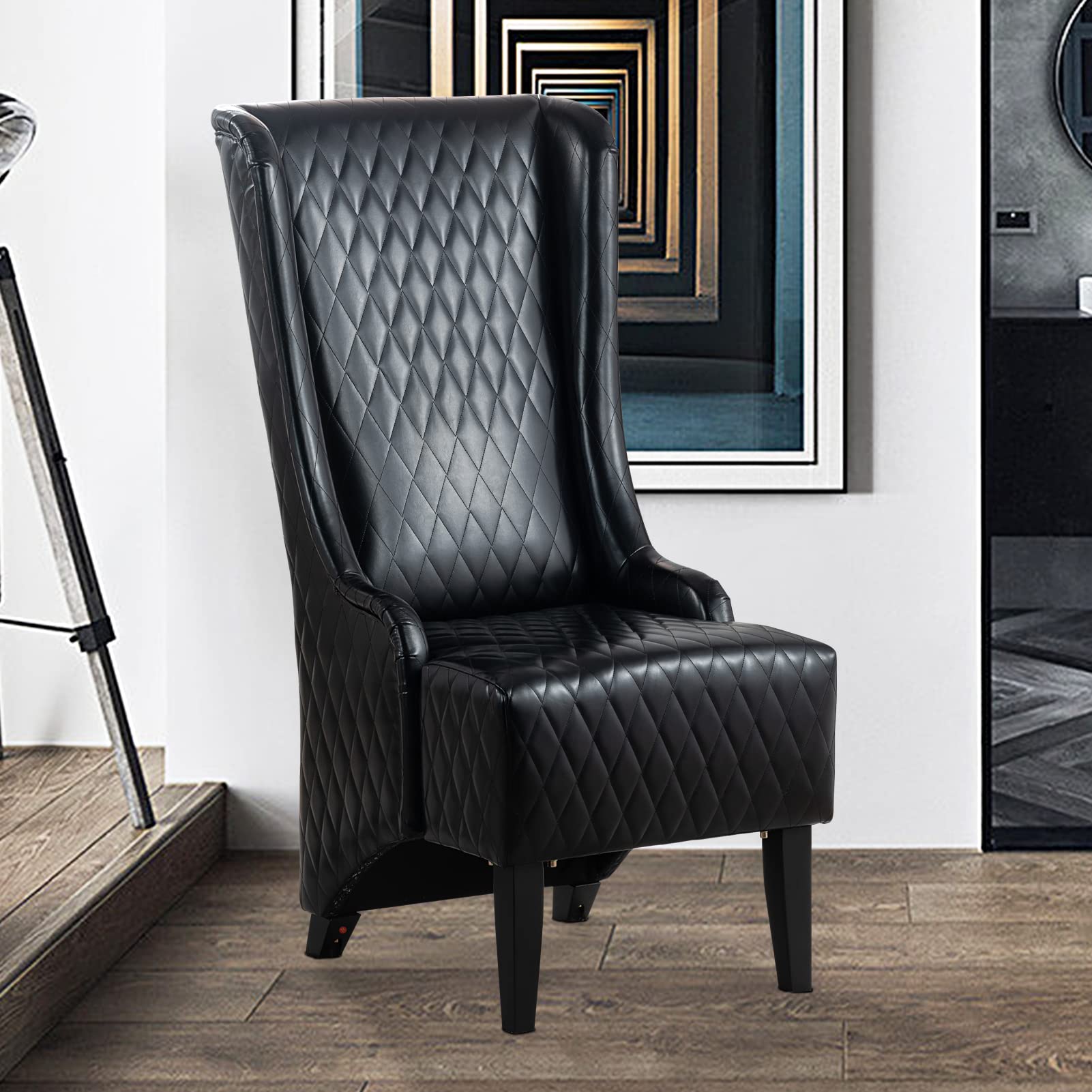 Vaztrlus High Back Dining Chair Throne Chair Black Wingback Living Room Chairs Faux Leather Quilted 23" Wide Wing Armless Side Chair Tufted Thicken