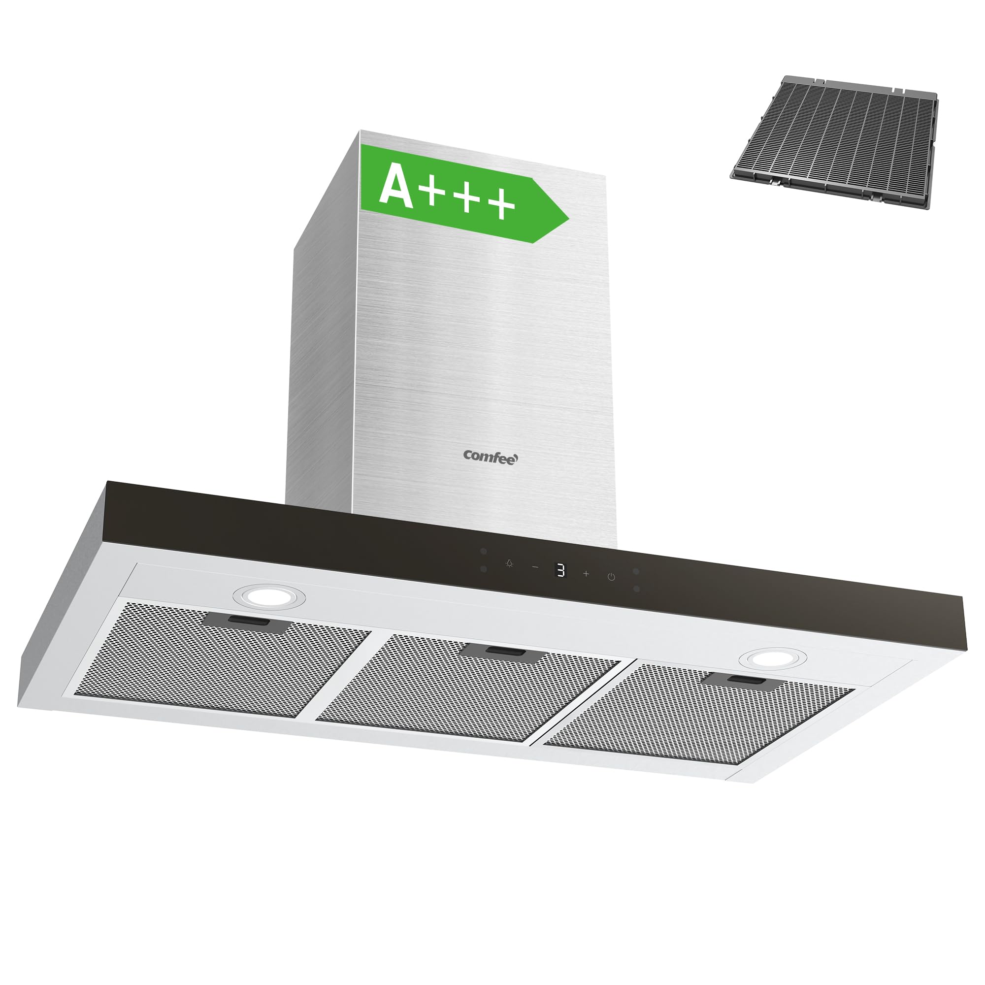 COMFEE' 90 cm Chimney Hood 90M77 Class A+++ Stainless Steel Extractor Hood with Recirculating & Ducting System, Gesture Control Extractor Fan Kitchen with Carbon Filters