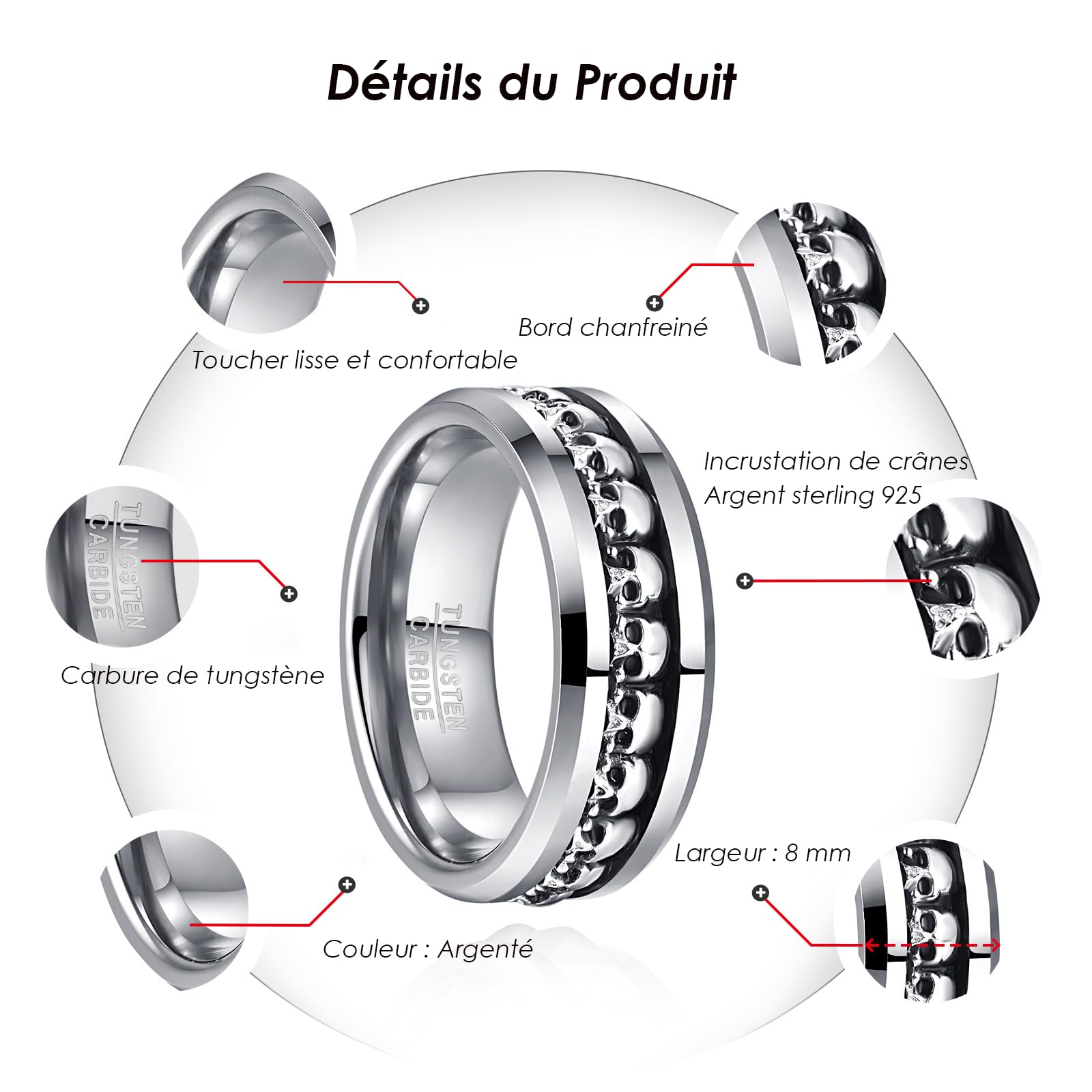 NUNCAD Bague Homme en Argent 925 et Carbure de Tungstène, Anneau Gothique à Tête de Mort, Noir/Argenté, 8 mm, Bijou Élégant, Cadeau pour Lui