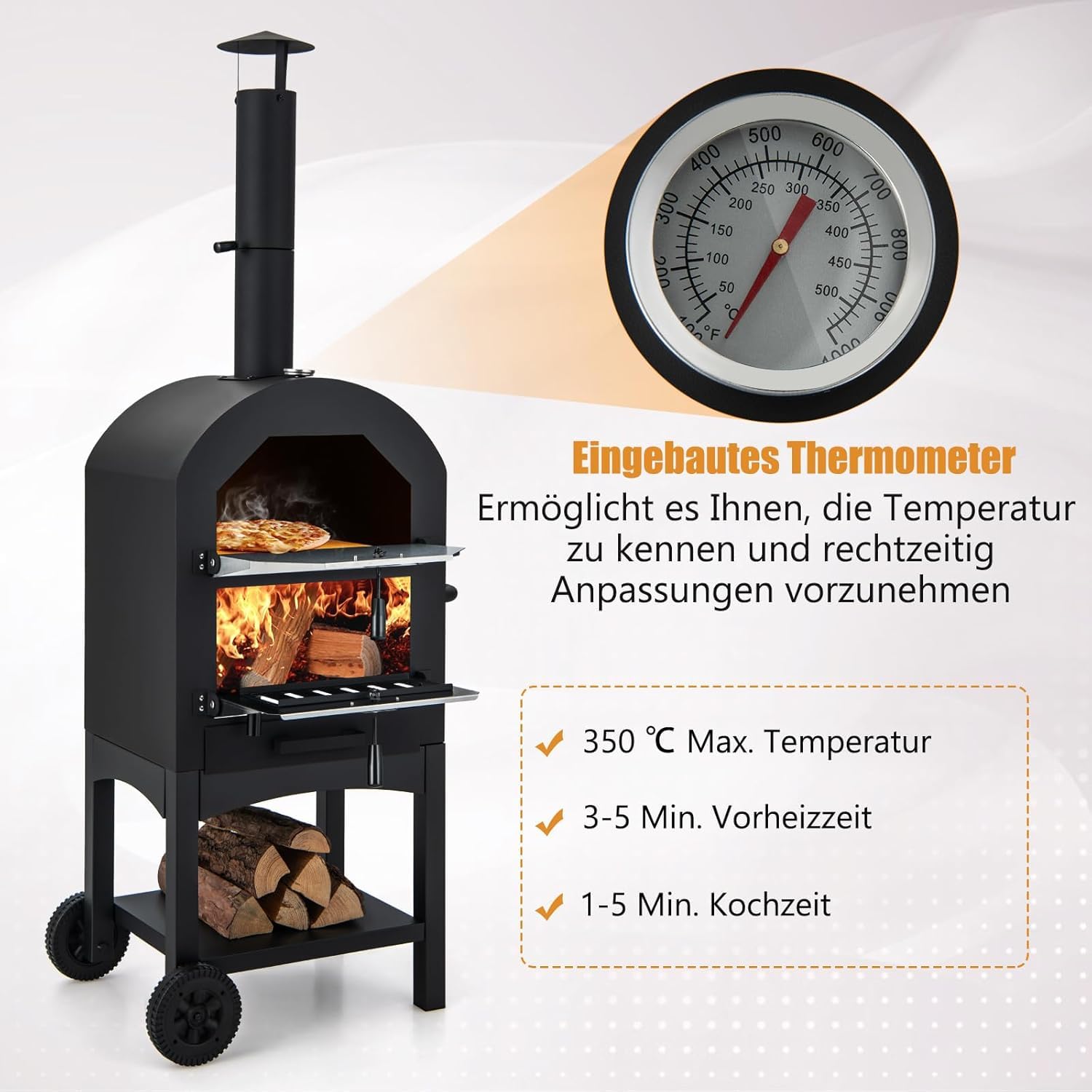 FANTASK Outdoor Pizzaofen mit eingebautem Thermometer, holzbefeuerter Pizzaofen mit Rädern & wasserdichtem Deckel