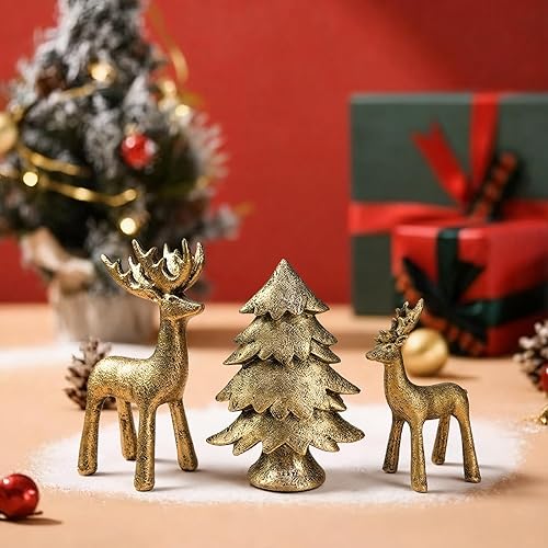 Miniatura 4 de Juego de 3 figuras de reno y árbol de Navidad, decoraciones navideñas de resina dorada con acabado metálico mate, elegante decoración de estatua de