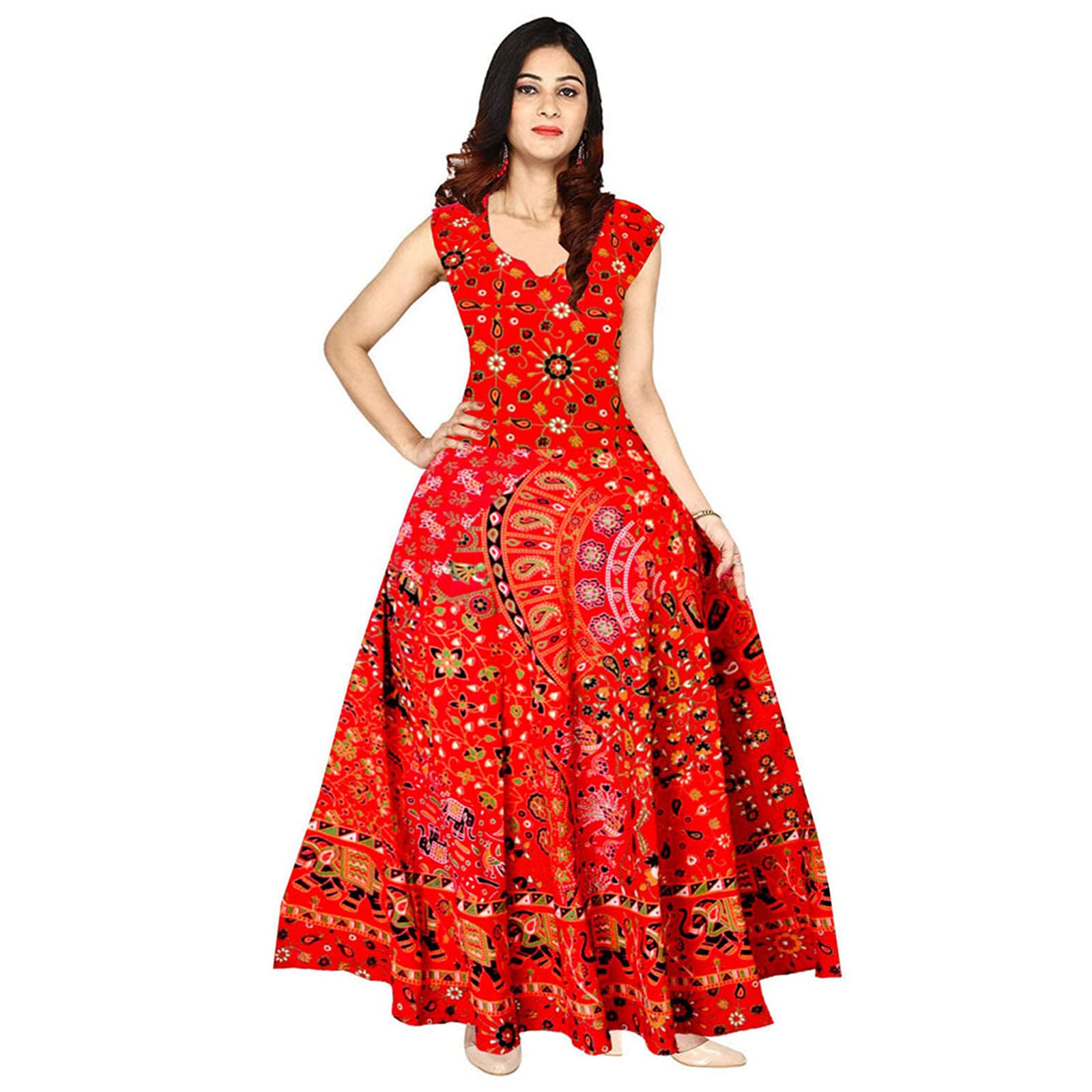 Women Fit and Flare Cotton Fabric Printed A-Line Maxi Midi Western Long Gown jaipuri printed jaipuri dress-image-21