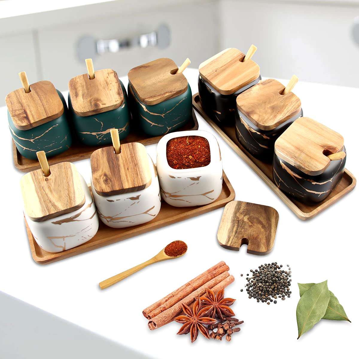 Set de 3 Pots à Épices En Céramique, Boîtes en Céramique Spice Container, Aspect Marbre - Pot à Épices Avec Couvercle En Bois Véritable Et Cuillère en Bambou et Plateau en Bois (noir)