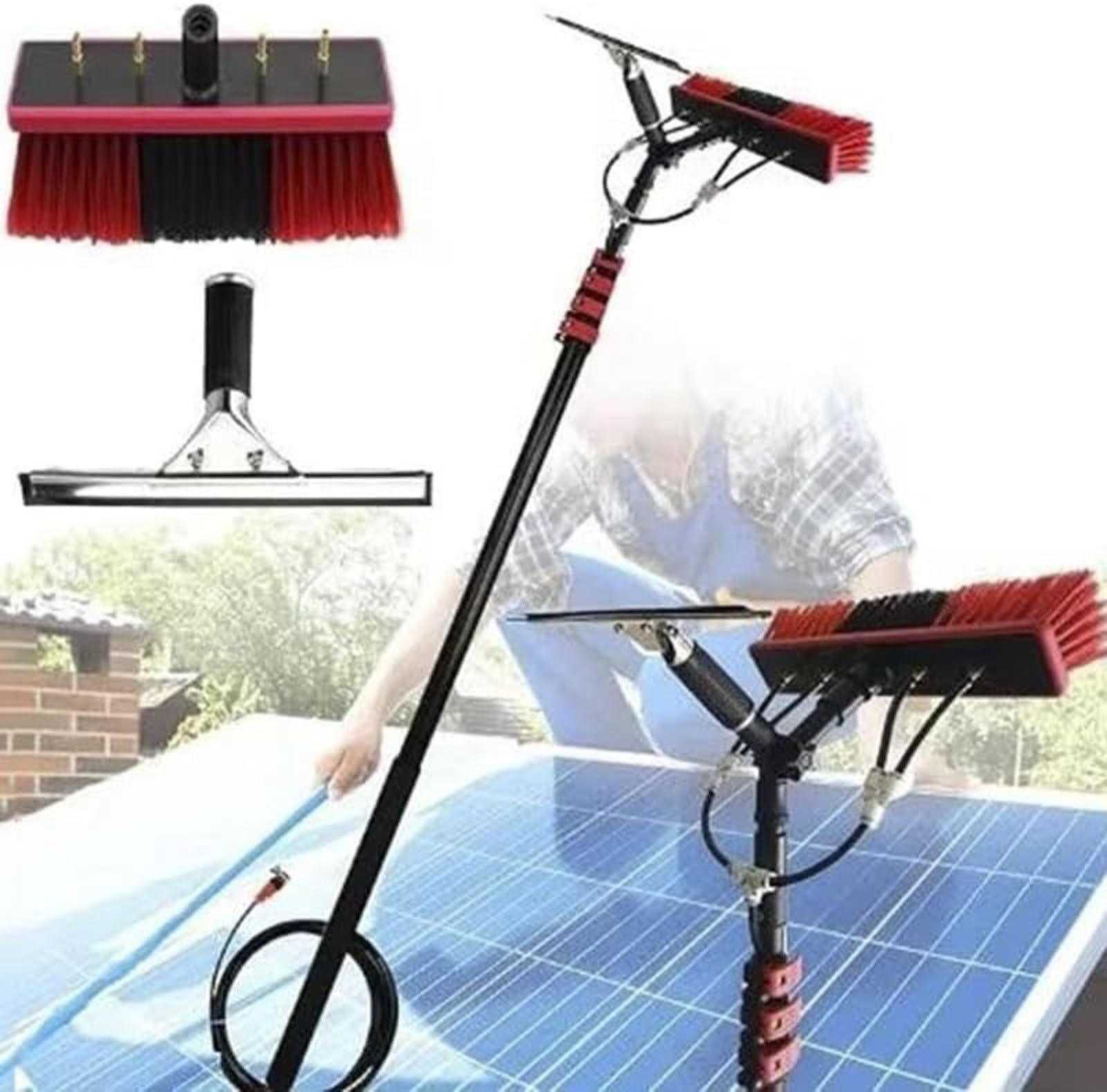 YHKJLYH 33FT Extendable Solar Panel Cleaning Brush & Squeegee - Telescopic Water Fed Window Cleaner for Efficient Solar Panel Maintenance & Cleaning Solutions