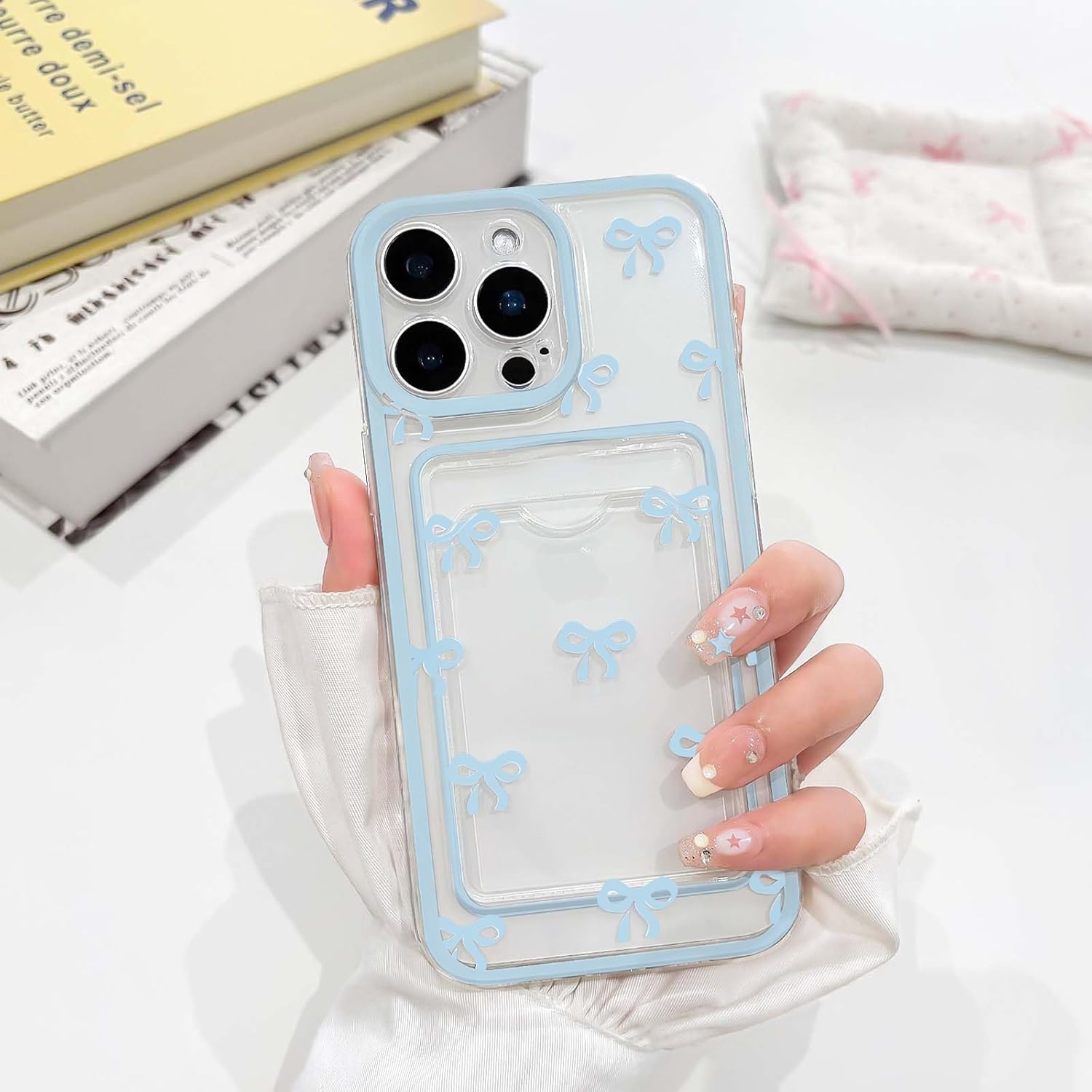 NITITOP Compatible with iPhone 15 Pro Max Case with Card Holder Clear Cute Bow Ribbon for Women Girls Colorful Frame Soft TPU Wallet Shockproof Protective Cover - Blue - Image 4