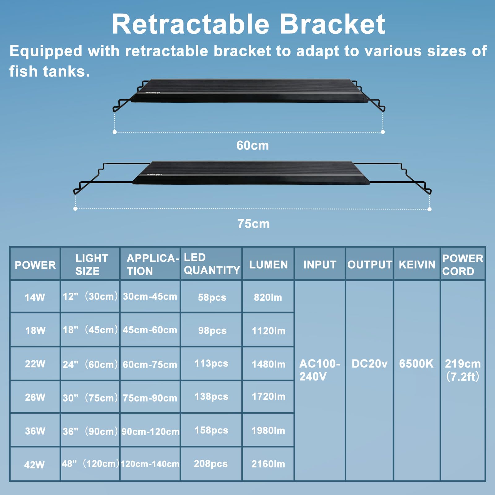 24/7 LED Aquarium Light, IP68 Waterproof Extendable Bracket Fish Tank Light with Timer, 7 Colors, 10 Level Adjustable Brightness, DIY Mode Full Spectrum Aquarium Plant Light for 24-30 Inch Fish Tank - image 8