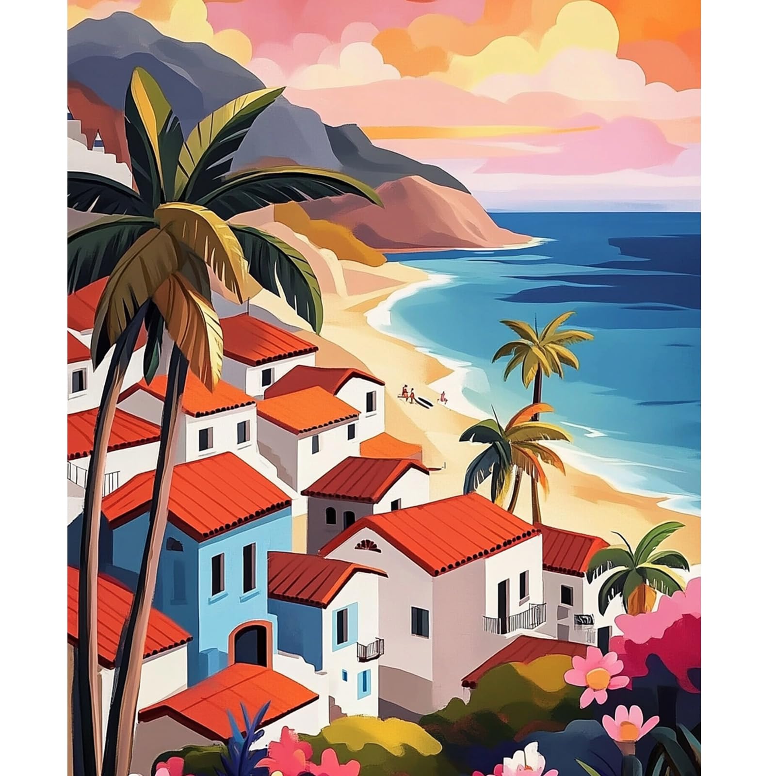 NEWENMO Cielo Rosa Dipingere con i Numeri Kit,Paesaggio Marino Paint by Numbers Adulti,Palma Pittura con i Numeri,Dipingi con i Numeri Adulti,Kit di Pittura a Olio,Decorazione per Casa 40x50cm