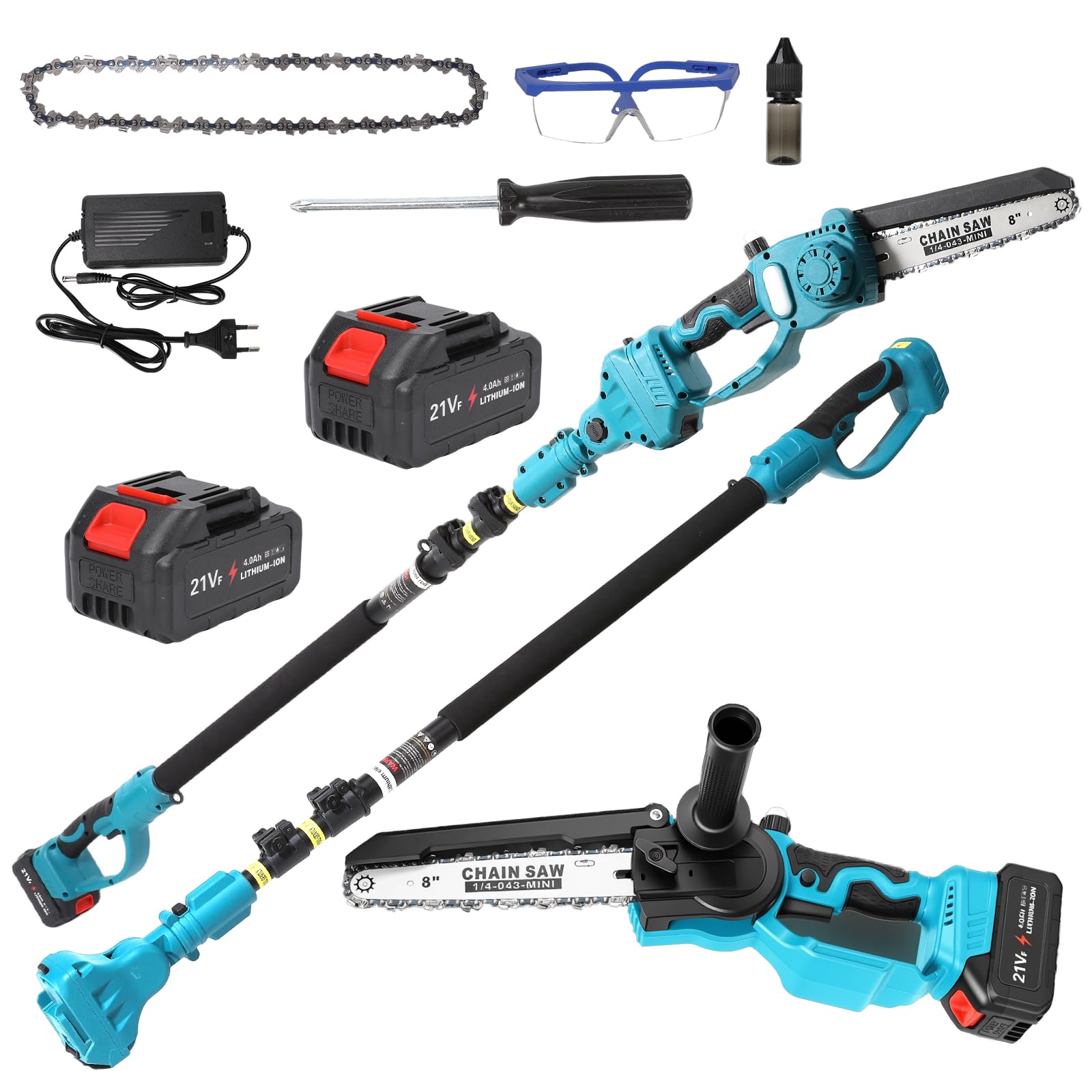 Motosierra telescópica y mini motosierra, 8 pulgadas, motosierra, perca extensible hasta 6-16 pies, 2 x 4000 mAh baterías de poda eléctrica para árboles (azul)