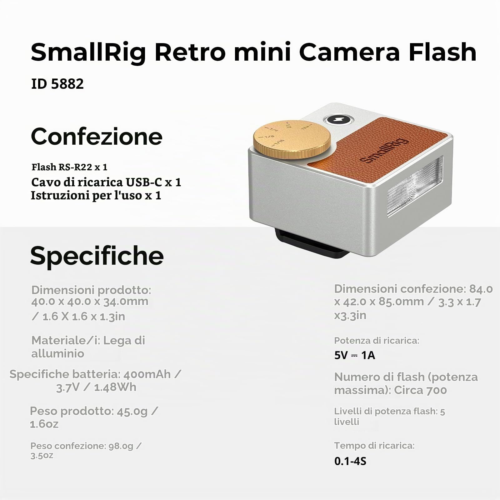 SMALLRIG RS-R20 - Mini flash per fotocamera Fuji X100, Ricoh GR, Nikon ZF, Sony A7C, Speedlite manuale GN8-10, 5 livelli 1/1-1/16, 700 flash a piena potenza, 6500 K, batteria 400 mAh -5882