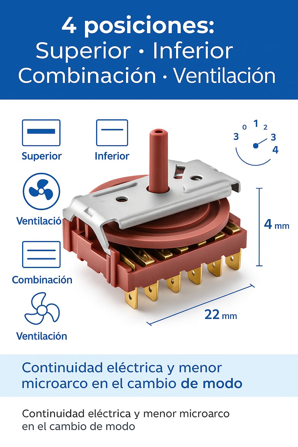RECAMBIOS DREYMA selector horno 4 posiciones 330780020 Compatible con Teka HE450 HE490 HE500 HE510 HT490 HT495ME HE610 HT510 HE500ME HE510ME conmutador rotativo 44x29x22mm instalacion directo