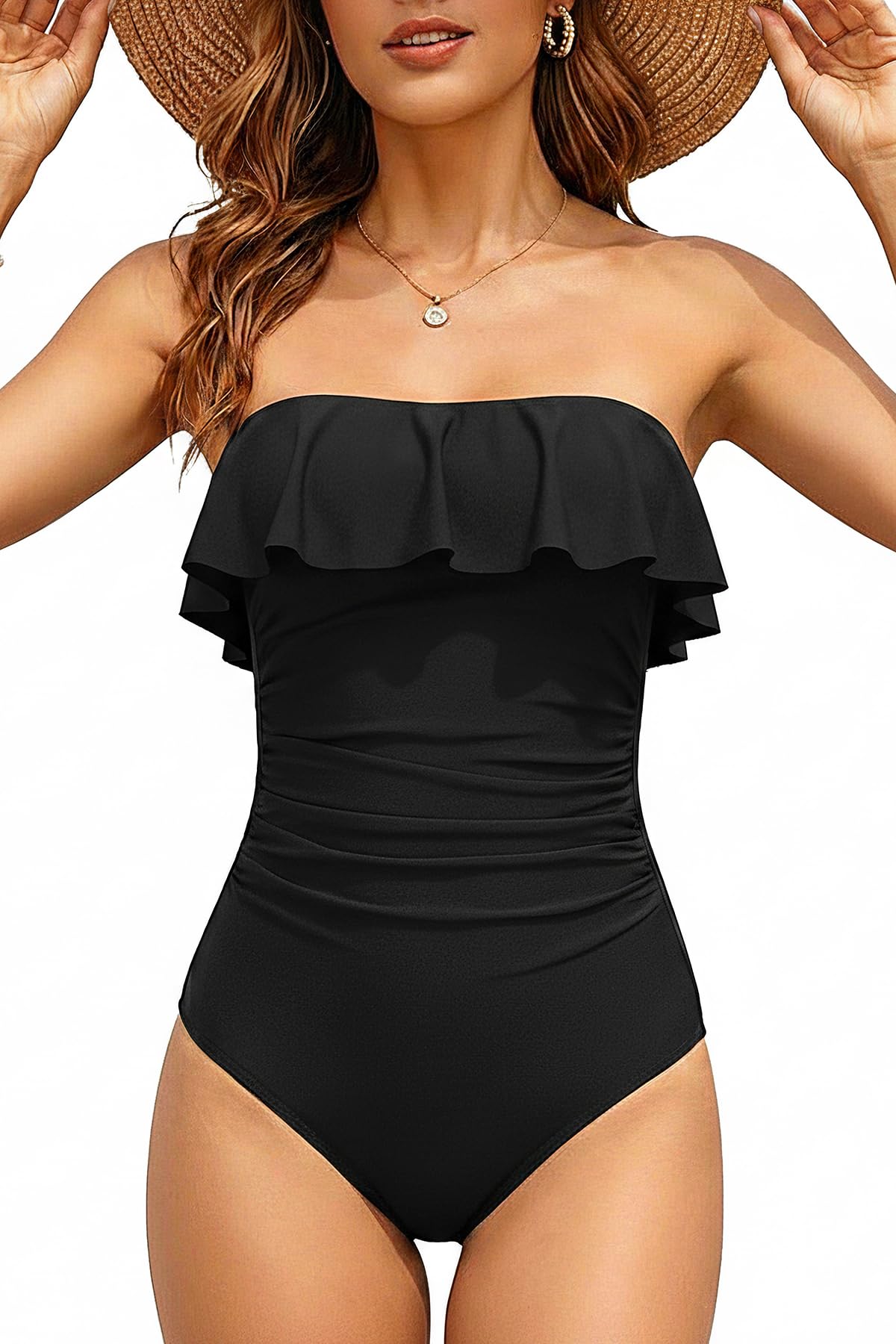 Holipick Trägerloser einteiliger Badeanzug für Damen, Bauchkontrolle, Bandeau-Badeanzug, Rüschen, schlankmachende Bademode, Schwarz, S