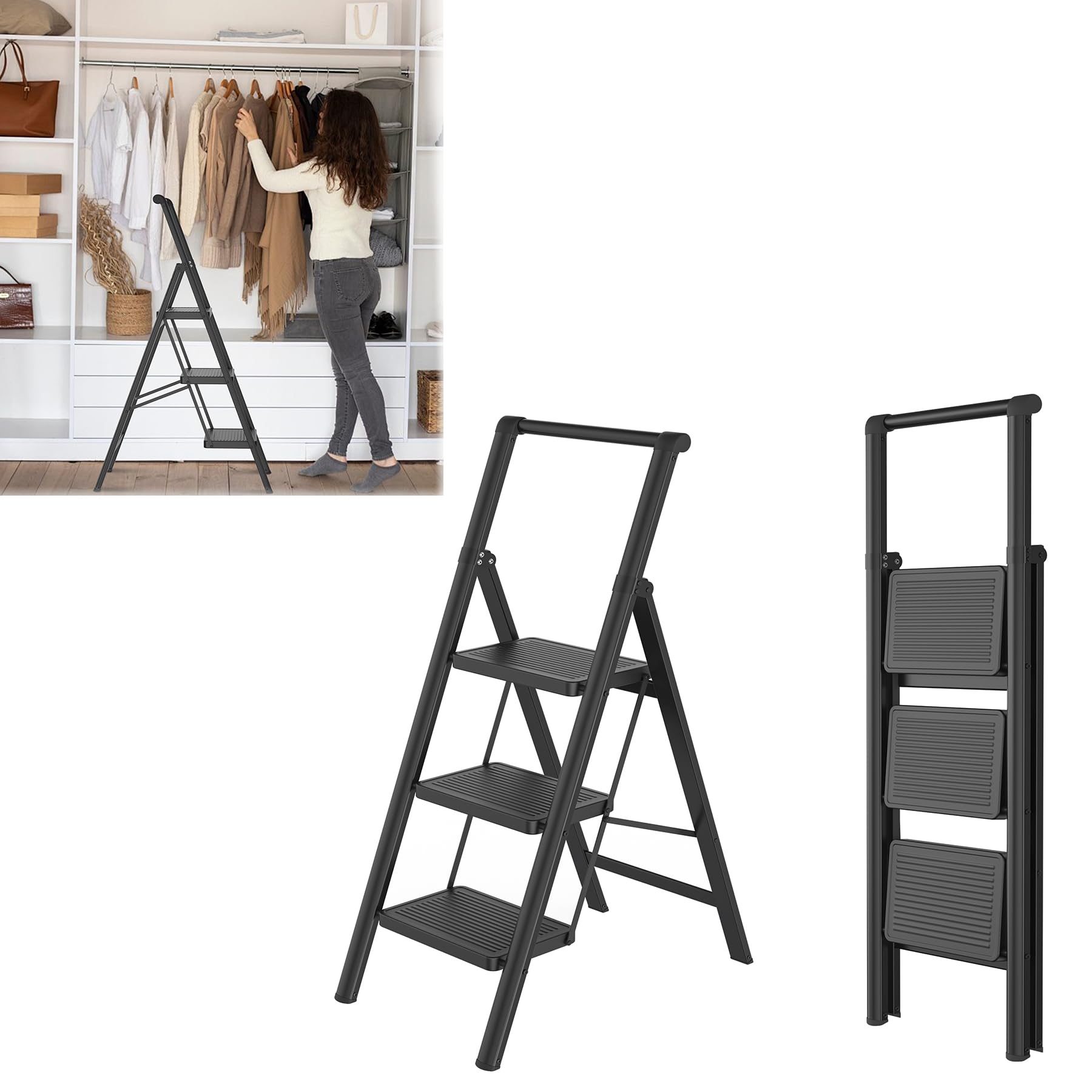 SAILUN Folding Step Ladder, 3-Step, With Handrail, Steel Construction, Non-Slip Rubber Mats, Widened Steps, 250KG Load Capacity, Suitable for Home, Office, Garage, Black